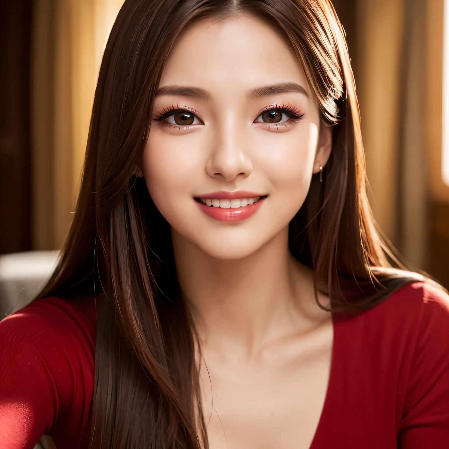(highest quality、table top、8K、best image quality、Award-winning work)、(1 young girl, 14 years old:1.3)、(Perfect V-neck red long knit sweater:1.2)、(red eyeshadow:1.2)、perfect makeup、long eyelashes、Super high-definition sparkling eyes、ultra high definition hair、Ultra high definition glossy lips、Ultra high definition perfect teeth、Super high definition cute face、brown hair、(Very Long Straight Hair:1.1)、Small cleavage、smile looking at me、[clavicle]、accurate anatomy、(close up of face:1.25)、luxury love hotel、(The most moody warm lighting:1.2)、blurred background
