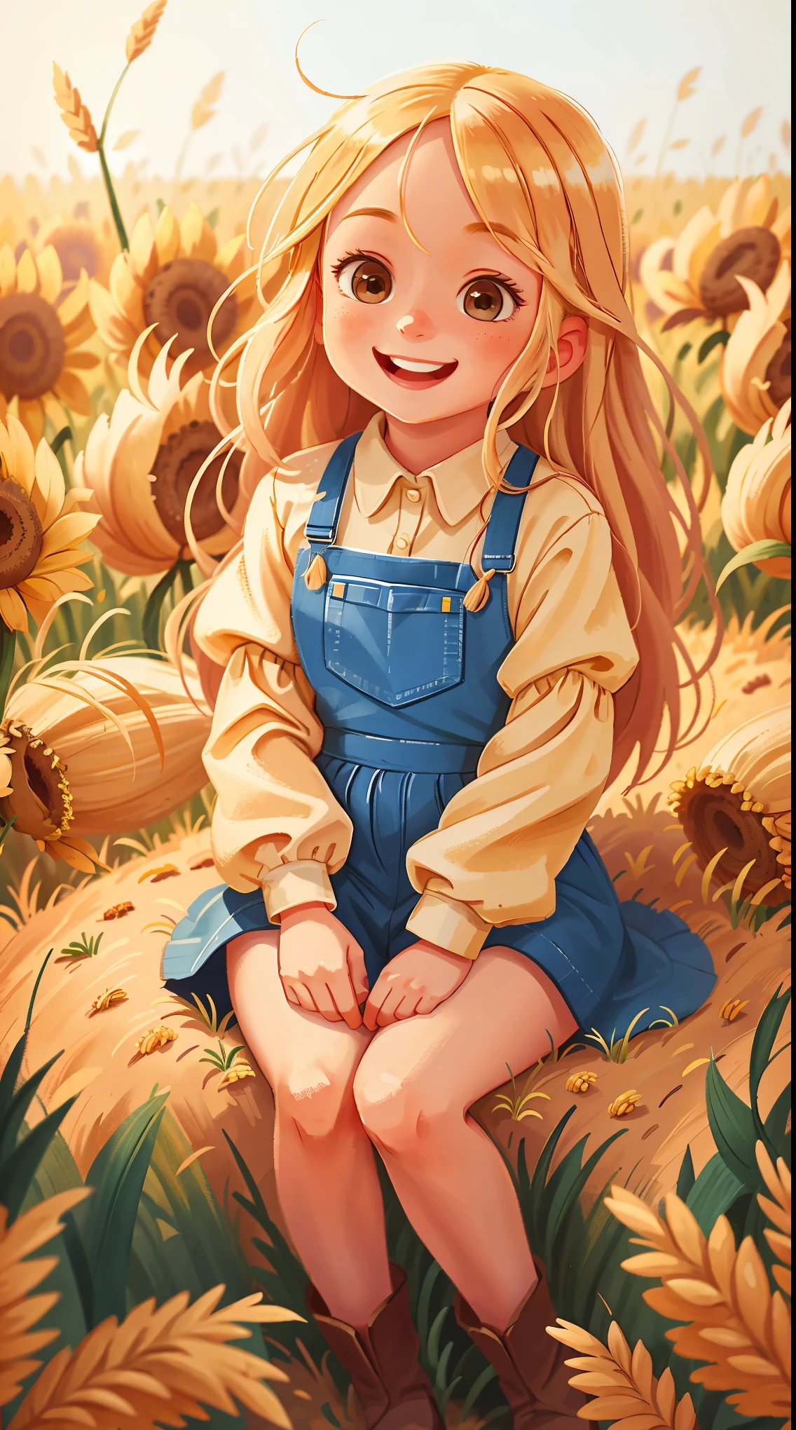 ((Laugh happily)), bit girl,Take a brick，Nature,Wearing yellow overalls, Wear a yellow hard hat, Wear yellow work boots，Sunflowers behind you， Work on construction sites, Sunlight shines on the face, Sweat on the face, wearing DRK_glam, No_Humanity, Depth of field, TO8 contrasting style shadows, (Dark: 0.8), (8K, RAW photo, Best quality, Masterpiece: 1.2)