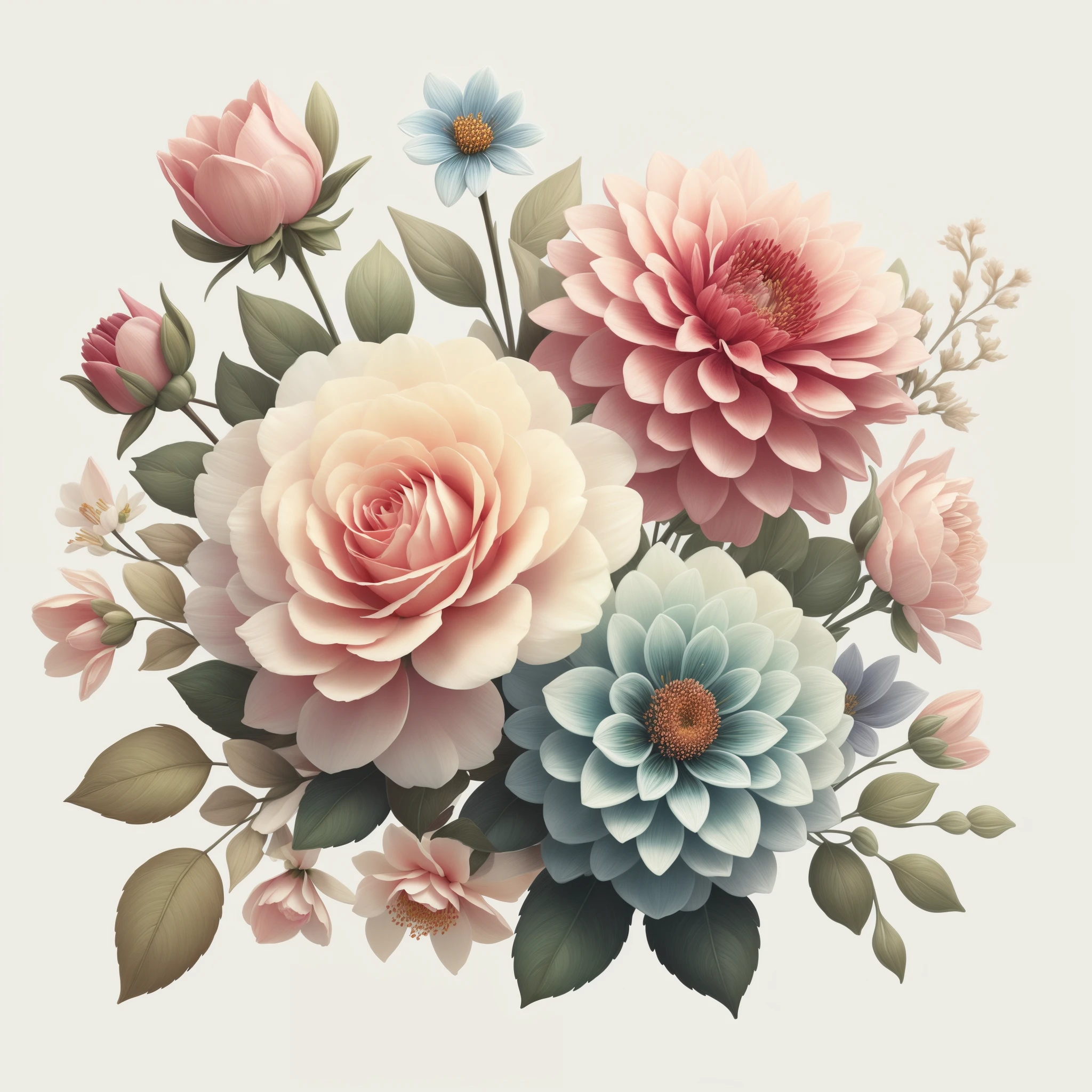 there is a bouquet of flowers with leaves and flowers on a white background, beautiful digital artwork, detailed flowers, beautiful digital art, with colored flowers, detailed realistic colors, elegant flowers, beautiful artwork, beautiful flowers, gorgeous digital art, elegant digital painting, realistic flowers oil painting, highly detailed digital artwork, flowers and blossoms, floral design, beautiful digital painting