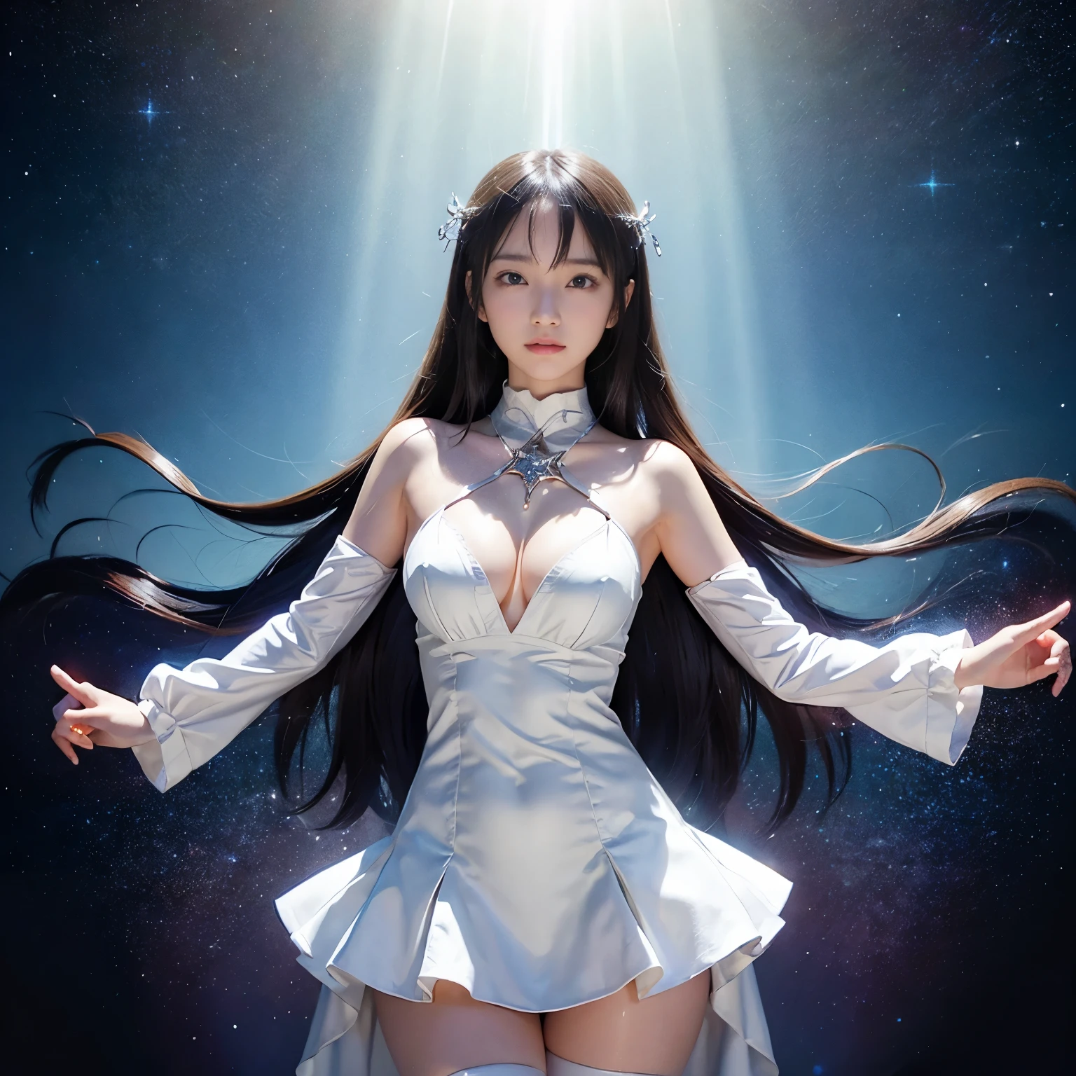 (((nffsw))), (((masutepiece))), (((8K))), (((hight resolution))), (((surrealism))), (((Cinematic lighting))), god rays, Zoom Layer, (((FULL BODYSHOT))), F/4.0, canon, Shiny skin,Detailed skin,Detailed face, Detailed eyes, Goddess of the Near Future, Futuristic dresses, Shoot a beam of light with a high-tech gun, Glittering effects