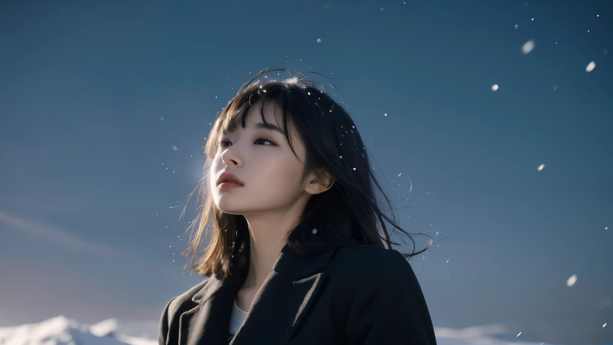 arafed woman in black jacket standing in the snow with mountains in background, Inspired by Ma Yuanyu, Soft portrait shots 8K, Portrait of Korean female idol, Shot with Canon 5D mk4, in the snow, snow, Canon eos r 6 shot, Only snow my background, in the snow, Shot with Canon EOA 6d mark ii,Aspect ratio 16:9