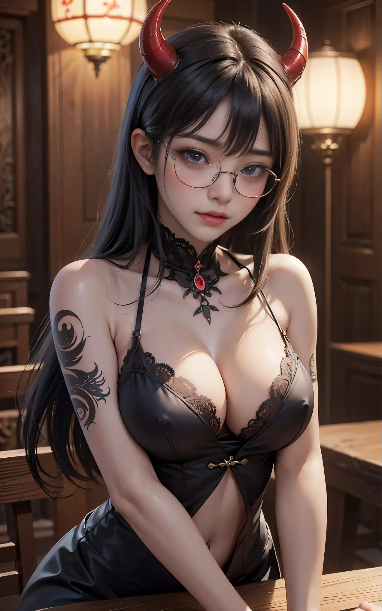 got itですかですか、(best illustrations)、8k UHD resolution、intricate details、highest quality、realistic、Super detailed、best lighting、best shadows、soft lighting、Ultra HD、超realistic、Tyndall effect、Photoreal、(high detail skin:1.2)、 (intricate details, compensate, face to face with the children_v1:0.5), (got it, beautiful and delicate face, got itですか, beautiful and delicate eyes, perfectly proportioned face, high resolution skins, fine skin, Optimal ratio of 4 fingers and 1 thumb, arm under chest, red tattoo on lower abdomen、wow wow, wide hips, smooth abdomen, thin and thin skin, __fashion__, __hair__:1.25)、Digital single-lens reflex camera、 absurd、(table top: 1.3), (maximum resolution: 1.2), (Ultra HDTV: 1.2), cinematic light, fine eyes and skin, detailed facial features, , (sharp focus: 1.2), (focus on face:1.2),perfect style, beautiful face, acura, anatomically correct, Highly detailed face and skin texture, fine eyes, double eyelid, thin eyebrows, glitter eyeliner: 1 natural cheeks, Glossy skin, Fair skin: 1.2, (glossy lips: 1.4),(embarrassed look: 1.2),Highly detailed face and skin texture, fine eyes, double eyelid, natural cheeks, glossy lips: 1.4,exposed cleavage、Bewitching。charm、 Beautiful devil woman from hell, Surreal female portraits by David Hockney and Alphonse Mucha, charm女性の肖像画、fantasy art, chinese doll、Chinese actress、dungeon、dragon、devil'Palace of、devil'torture chamber、night、dark style 、in the dark、(detailed spooky background:0.8), magic、 1 girl、evil nun、dark necromancer、Succubus、devil'Daughter of、Shinonome Umi、bat wings,(((devil'Horn)))、 ((((giant glasses, otaku glasses, thick glasses, round glasses)))),(((big breasts)))、(devil'tail)、(red eyesは光り輝いて:1.6)、red eyesは非常に鮮明で詳細です, your eyes are made up so beautifully, ((red eyes:1.0)),intricate tattoo, demonic intricate tattoo, Tattoo on the thigh, body tattoo, masterpiece、最もbeautiful face、baby face、cute smile、beautiful plump red lips、筋肉のcharm体、devilのcharm体、devil style、charmブラックマジックコスチューム、The long-haired、Braid、Black hair、Ponytail distortion、, Ponytail with a bow tied at the back of the hair, beautiful expression、body up、big breasts強調、bust, super tight chest, Breast augmentation surgery, The chest is very large and round,tight waist、wide ass、 secret key, cowboy lens, (Black Phoenix Dress: 1.0), devil crown, red sparkling gemstone necklace、Jewelry G Wise, Please wear black mesh socks,Wearing light red、nffsw, nffsw, meet beautiful girls, looking at girl'body of,