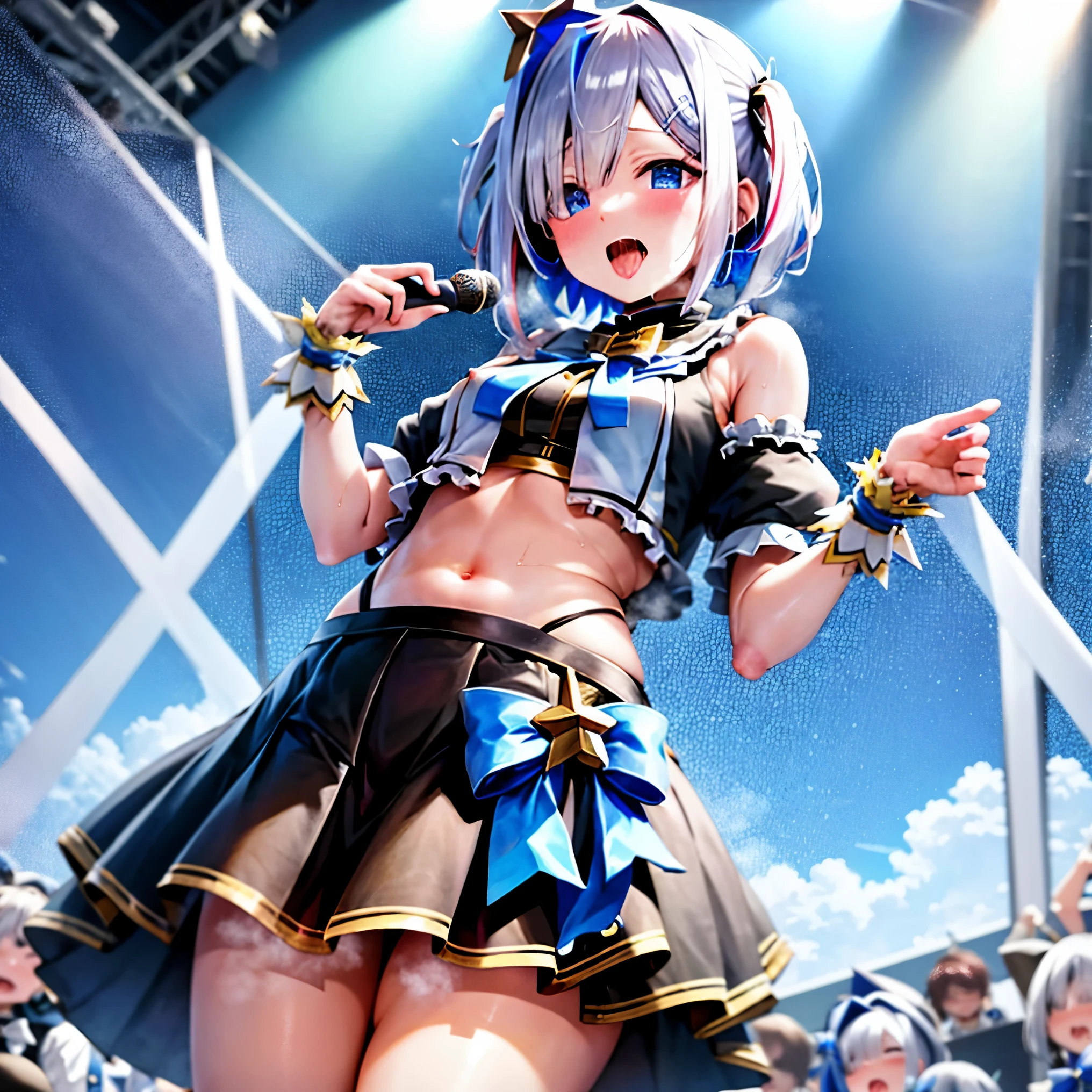 amane kanata,beautiful face,center of live stage,attract attention,idol costume,black tights,Nipples sticking out from the costume,No panties,Pussy,Stretch your hands to the sides(180℃),Kneeling,