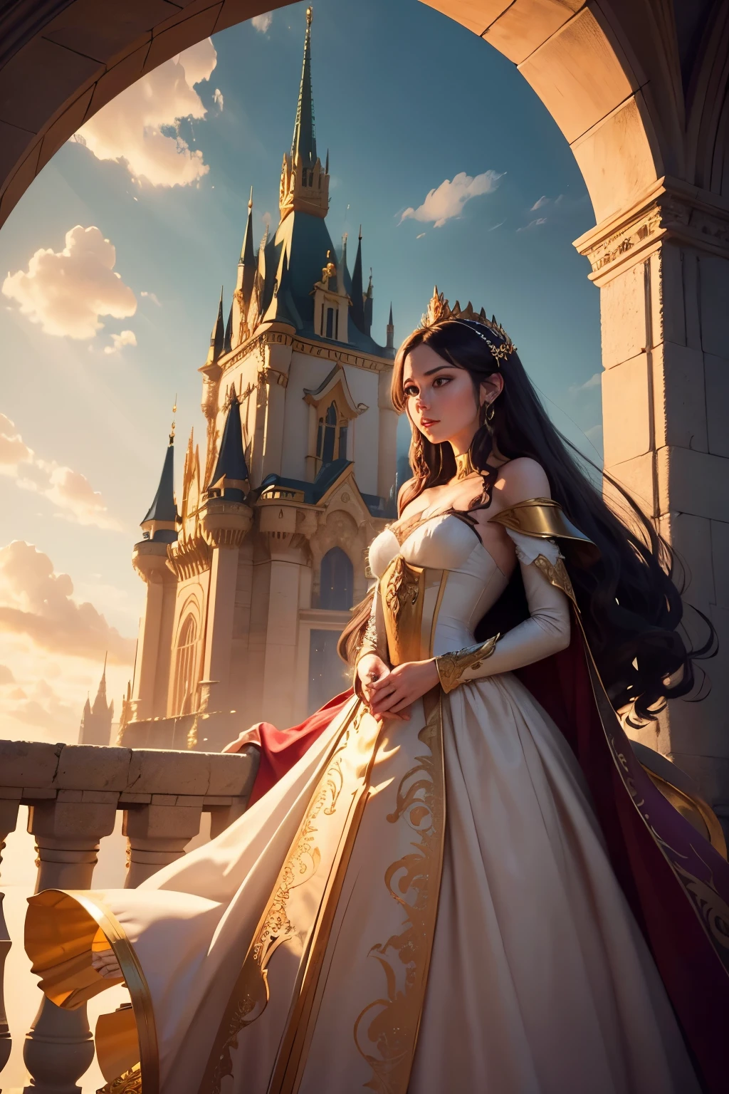 In the enchanted kingdom, a majestic golden dragon with intricately spiked body and shimmering golden scales soared towards the tallest castle tower. Its massive wings created a deafening noise as they beat against the air, and a cloud of warm breath followed in its wake. "Once again, the menacing dragon," the princess pondered from her tower, her heart pounding in her chest. Dressed in a long flowing gown, she clenched her fists and stepped out onto the small balcony, her eyes fixed on the horizon.
Princess Isadora, a young woman of great beauty, had been trapped in the castle for years. Ever since the nannies had