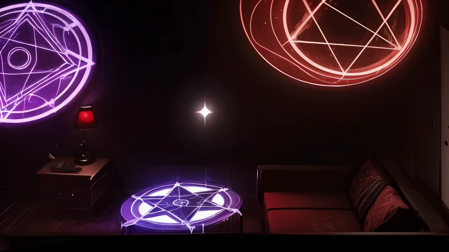 
dark room, black wall, red sofa, night, no light, no sun, dark, no window, drawings of circles and pentagrams in purple, red and blue.
