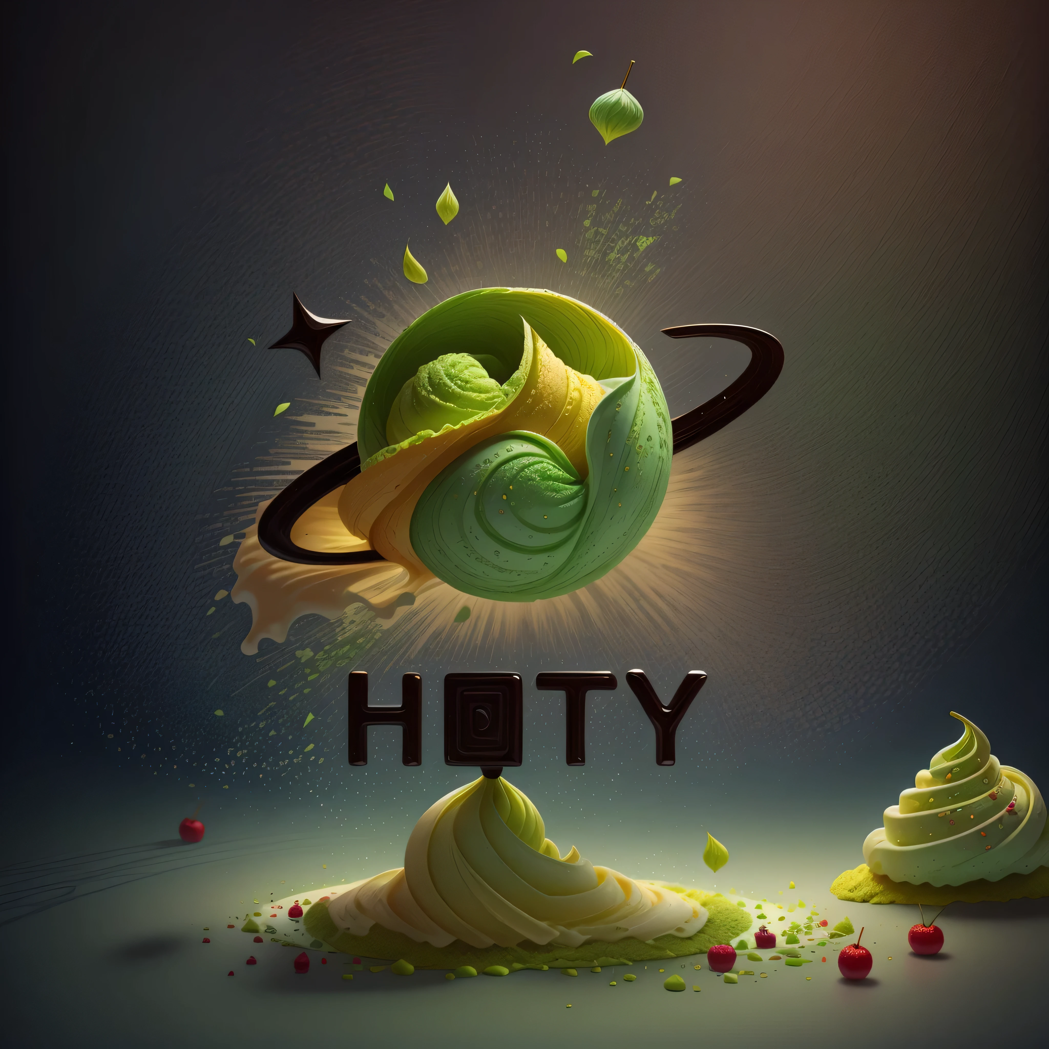Matcha Ice Cream Cone，Top with dark chocolate sauce，soft，delicious， panoramic，Vibrant green background，Realistic and detailed images，Ultra-clear，best quality，Food wallpaper