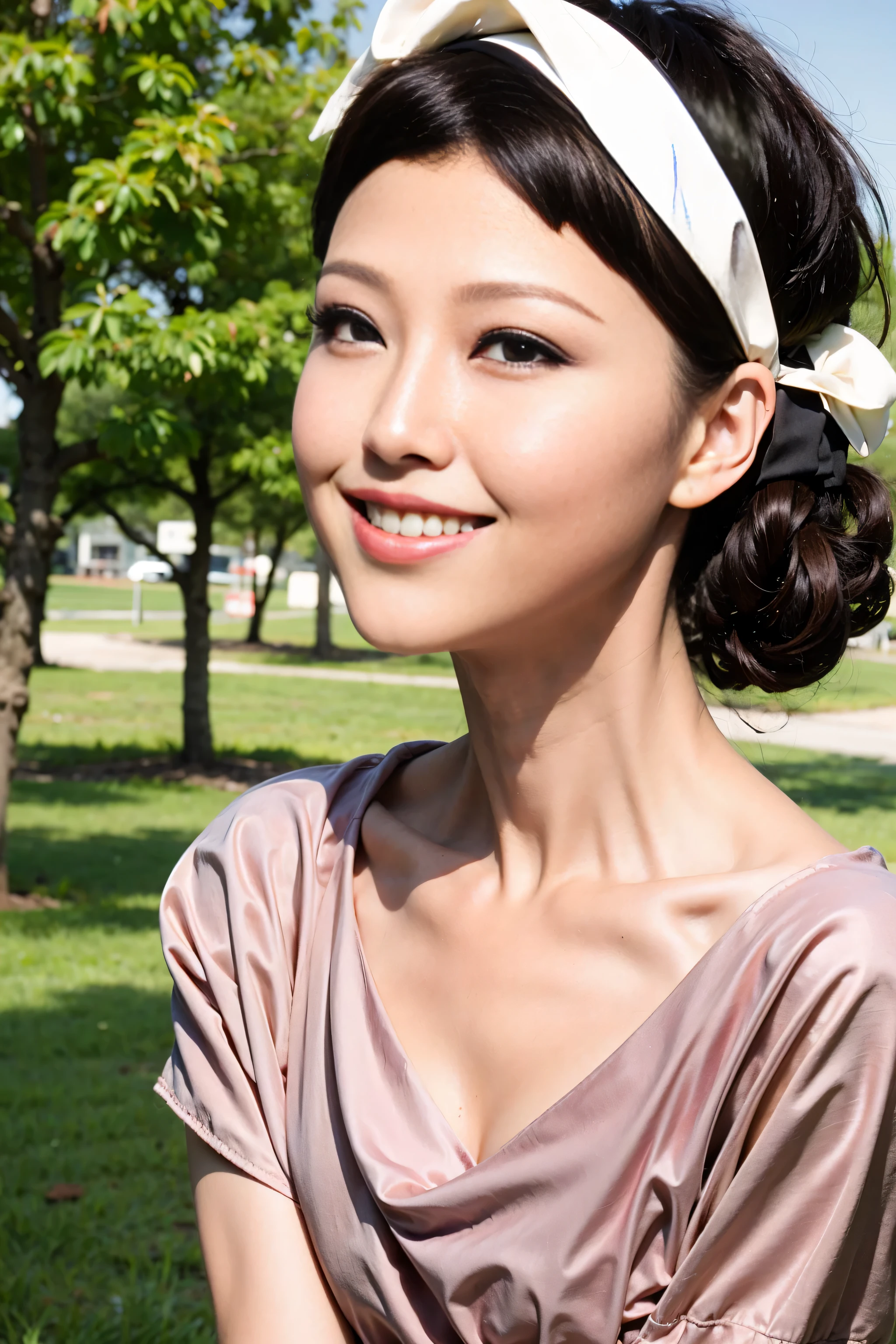 Fashion model 20 years old [[[[close up]]]], [[[[neck]]]], [[[[Shoulder]]]], perfect eyes, perfect iris，perfect lips，perfect teeth，perfect skin，White skin，Soft headlight，high-density imaging review，long black hair，（Face is clear and delicate），White casual wear，The background is outdoor，green trees and grass，best quality，masterpiece，（pastel colors：1.2）