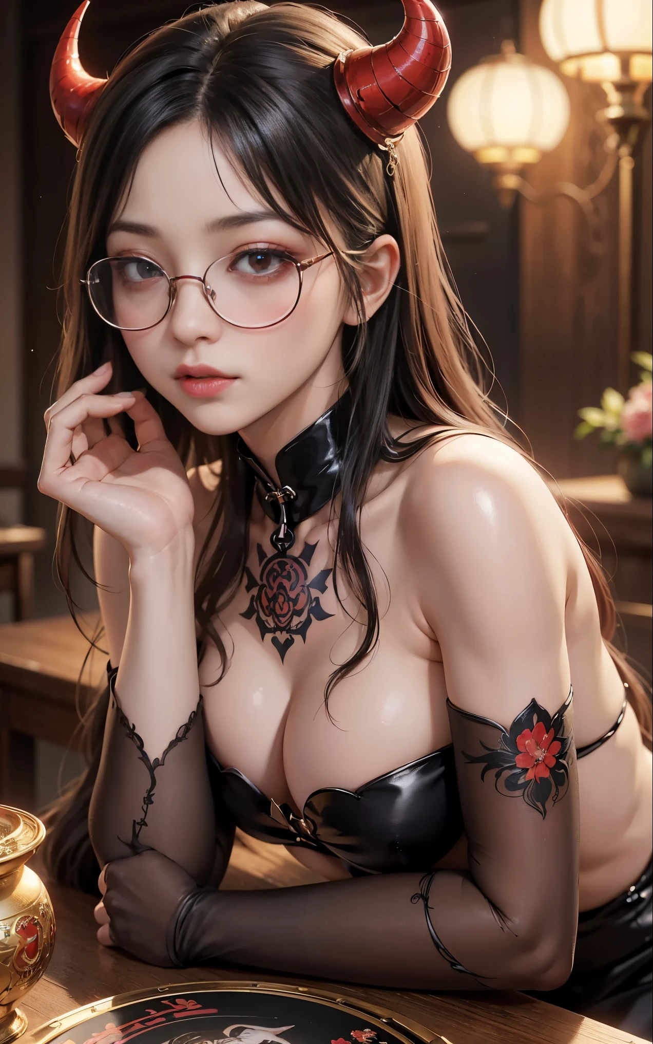 got itですかですか、(best illustrations)、8k UHD resolution、intricate details、highest quality、realistic、Super detailed、best lighting、best shadows、soft lighting、Ultra HD、超realistic、Tyndall effect、Photoreal、(high detail skin:1.2)、 (intricate details, compensate, face to face with the children_v1:0.5), (got it, beautiful and delicate face, got itですか, beautiful and delicate eyes, perfectly proportioned face, high resolution skins, fine skin, Optimal ratio of 4 fingers and 1 thumb, arm under chest, red tattoo on lower abdomen、wow wow, wide hips, smooth abdomen, thin and thin skin, __fashion__, __hair__:1.25)、Digital single-lens reflex camera、 absurd、(table top: 1.3), (maximum resolution: 1.2), (Ultra HDTV: 1.2), cinematic light, fine eyes and skin, detailed facial features, , (sharp focus: 1.2）, (focus on face:1.2),perfect style, beautiful face, acura, anatomically correct, Highly detailed face and skin texture, fine eyes, double eyelid, thin eyebrows, glitter eyeliner: 1 natural cheeks, Glossy skin, Fair skin: 1.2, (glossy lips: 1.4),(embarrassed look: 1.2),Highly detailed face and skin texture, fine eyes, double eyelid, natural cheeks,  glossy lips: 1.4,exposed cleavage、Bewitching。charm、 Beautiful devil woman from hell, Surreal female portraits by David Hockney and Alphonse Mucha, charm女性の肖像画、fantasy art, chinese doll、Chinese actress、dungeon、dragon、devil&#39;Palace of、devil&#39;torture chamber、night、dark style 、in the dark、(detailed spooky background:0.8), magic、 1 girl、evil nun、dark necromancer、Succubus、devil&#39;Daughter of、Shinonome Umi、bat wings，(((devil&#39;Horn)))、 ((((giant glasses, otaku glasses, thick glasses, round glasses)))),(((big breasts)))、(devil&#39;tail)、(red eyesは光り輝いて:1.6)、red eyesは非常に鮮明で詳細です, your eyes are made up so beautifully, ((red eyes:1.0)),intricate tattoo, demonic intricate tattoo, Tattoo on the thigh, body tattoo, masterpiece、最もbeautiful face、baby face、cute smile、beautiful plump red lips、筋肉のcharm体、devilのcharm体、devil style、charmブラックマジックコスチューム、The long-haired、Braid、Black hair、Ponytail distortion、, Ponytail with a bow tied at the back of the hair, beautiful expression、body up、big breasts強調、bust,  super tight chest, Breast augmentation surgery, The chest is very large and round,tight waist、wide ass、 secret key, cowboy lens, (Black Phoenix Dress: 1.0),  devil crown,  red sparkling gemstone necklace、Jewelry G Wise,  Please wear black mesh socks,Wearing light red、nffsw, nffsw, meet beautiful girls, looking at girl&#39;body of,