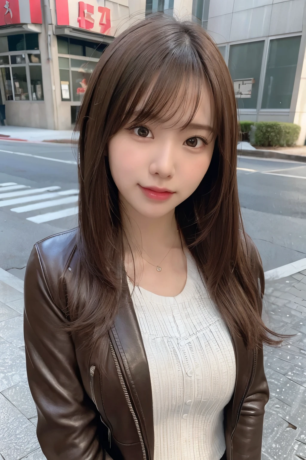 (8k, RAW photo, best quality, masterpiece:1.2), (realistic, photo-realistic:1.4), (extremely detailed 8k wallpaper),
professional lighting,
sharp focus, depth of field, blur background, bokeh,
full body,
Japanese high school girl, slender,
road, dating,
Daytime,
brown long long hair, messy hair,
leather jacket, Pencil skirt,
laugh,
