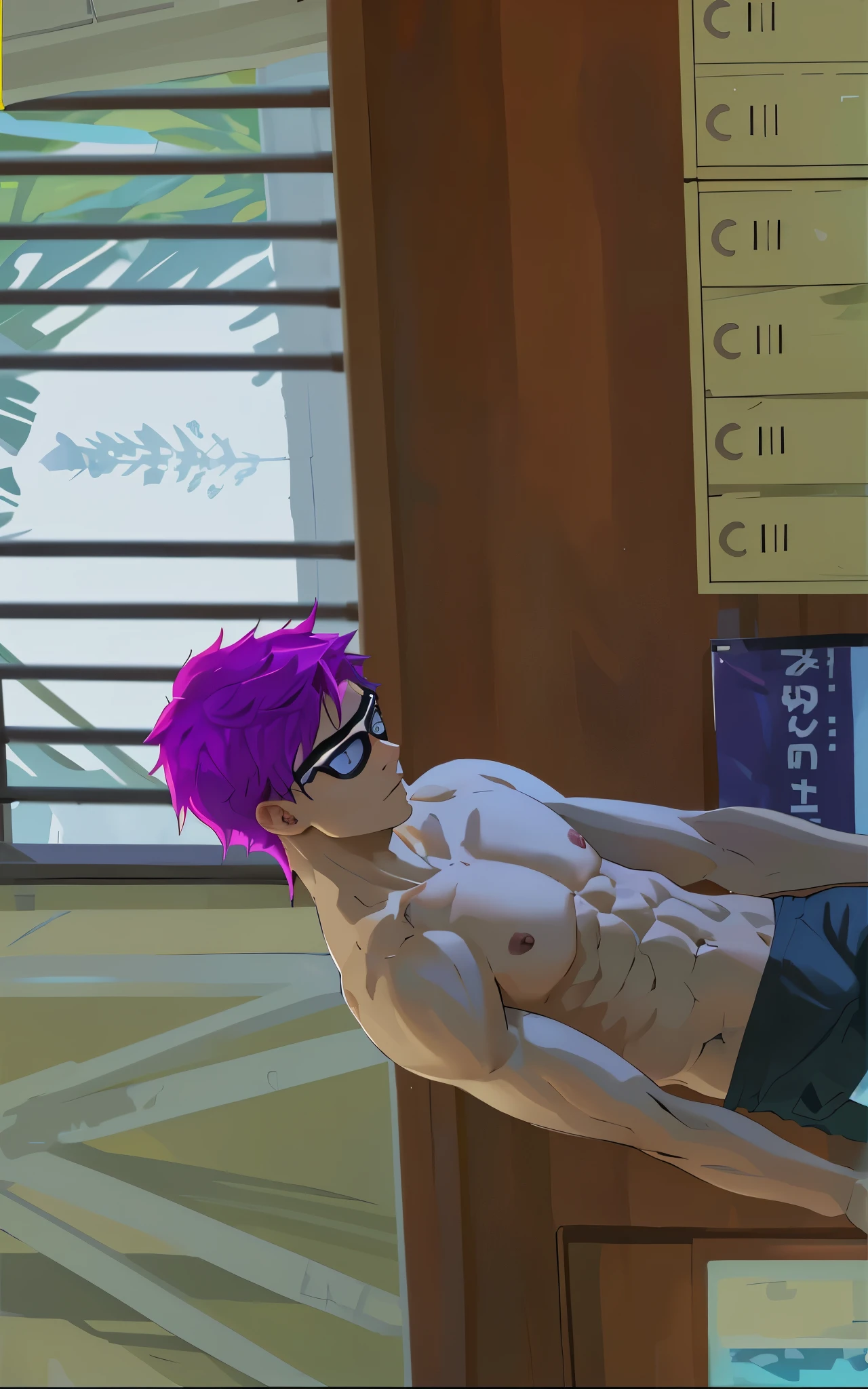 16 year old athletic young man is shirtless with violet hair