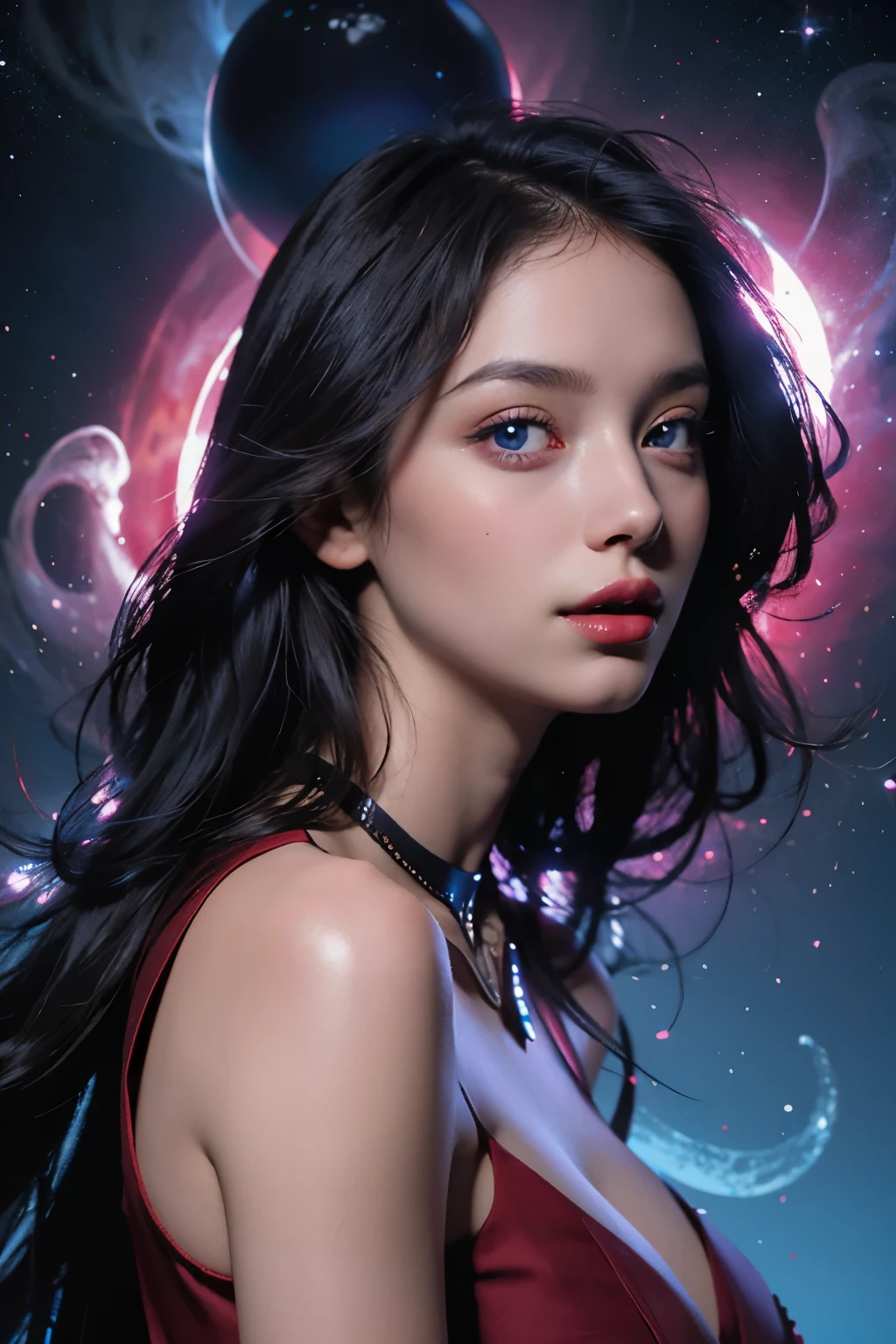 1girl, close up, beautiful model in red dress emerging from cosmic blue clouds, blue cosmic particles, sophisticated woman, mysterious goddess, hourglass figure, symmetrical, highly detailed face, long flowing hair, blue eyes, lush red lips, sultry smile, enticing, alluring, facing viewer, looking at viewer, real, high detail, best quality