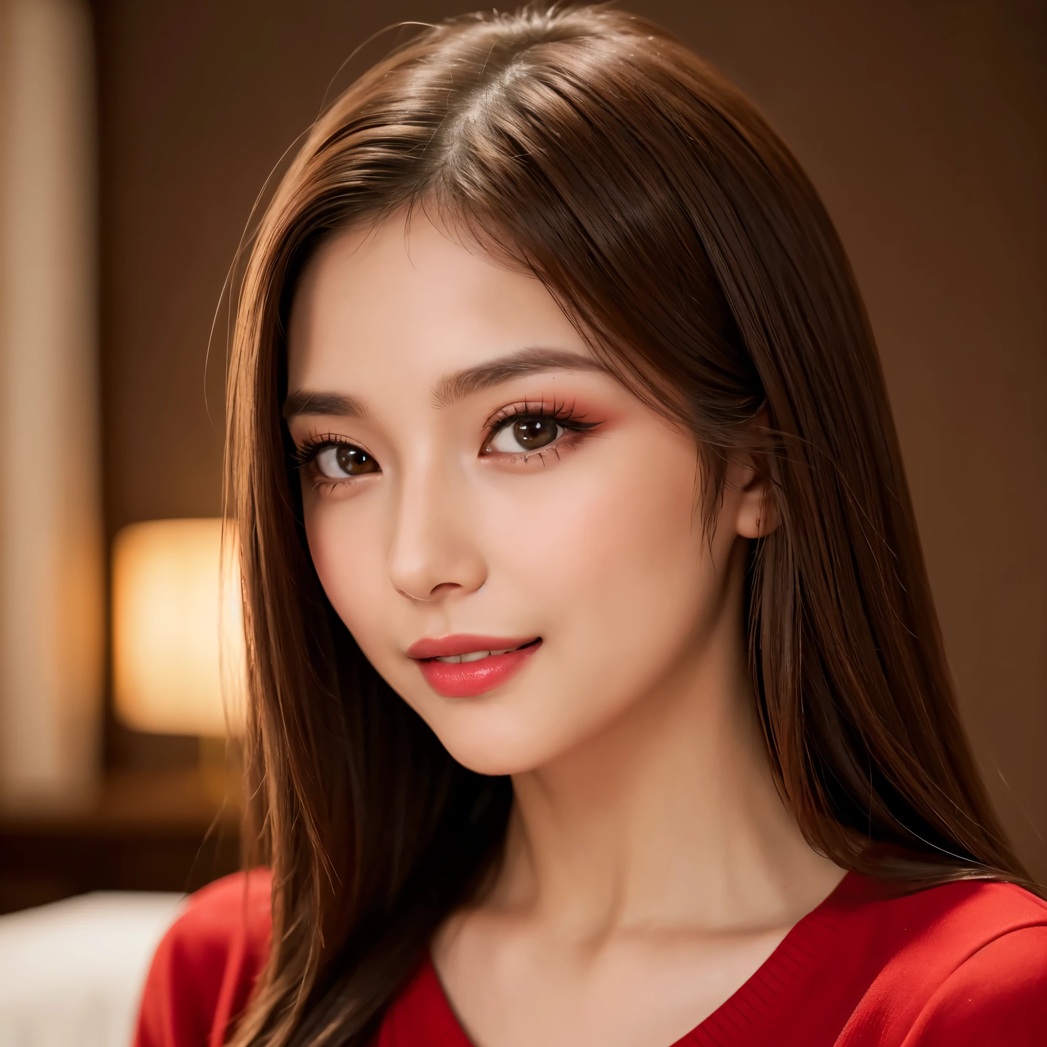 (highest quality、table top、8K、best image quality、Award-winning work)、(1 young girl, 14 years old:1.3)、(Perfect V-neck red long knit sweater:1.2)、(red eyeshadow:1.2)、perfect makeup、long eyelashes、Super high-definition sparkling eyes、ultra high definition hair、Ultra high definition glossy lips、Ultra high definition perfect teeth、Super high definition cute face、brown hair、(Very Long Straight Hair:1.1)、smile looking at me、[clavicle]、accurate anatomy、(close up of face:1.5)、luxury love hotel、(The most moody warm lighting:1.2)、blurred background