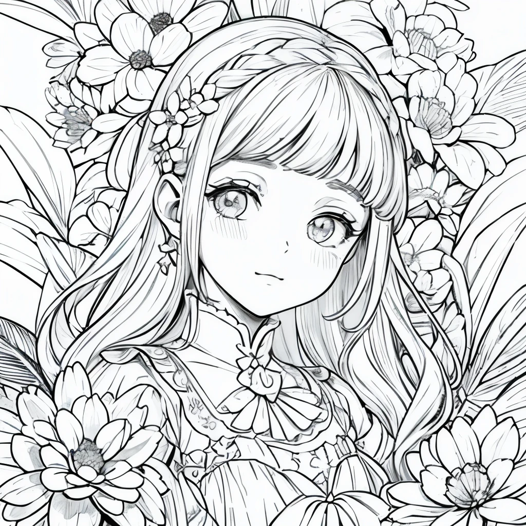 obra prima, superlativo,girl, somente, Dia das Bruxas bonito , fundo do desenho da linha da flor, fundo branco, monocromatic, Desenho de linhas, ((esquete)), assustador, Gato branco com olhos brancos, Olhos brancos