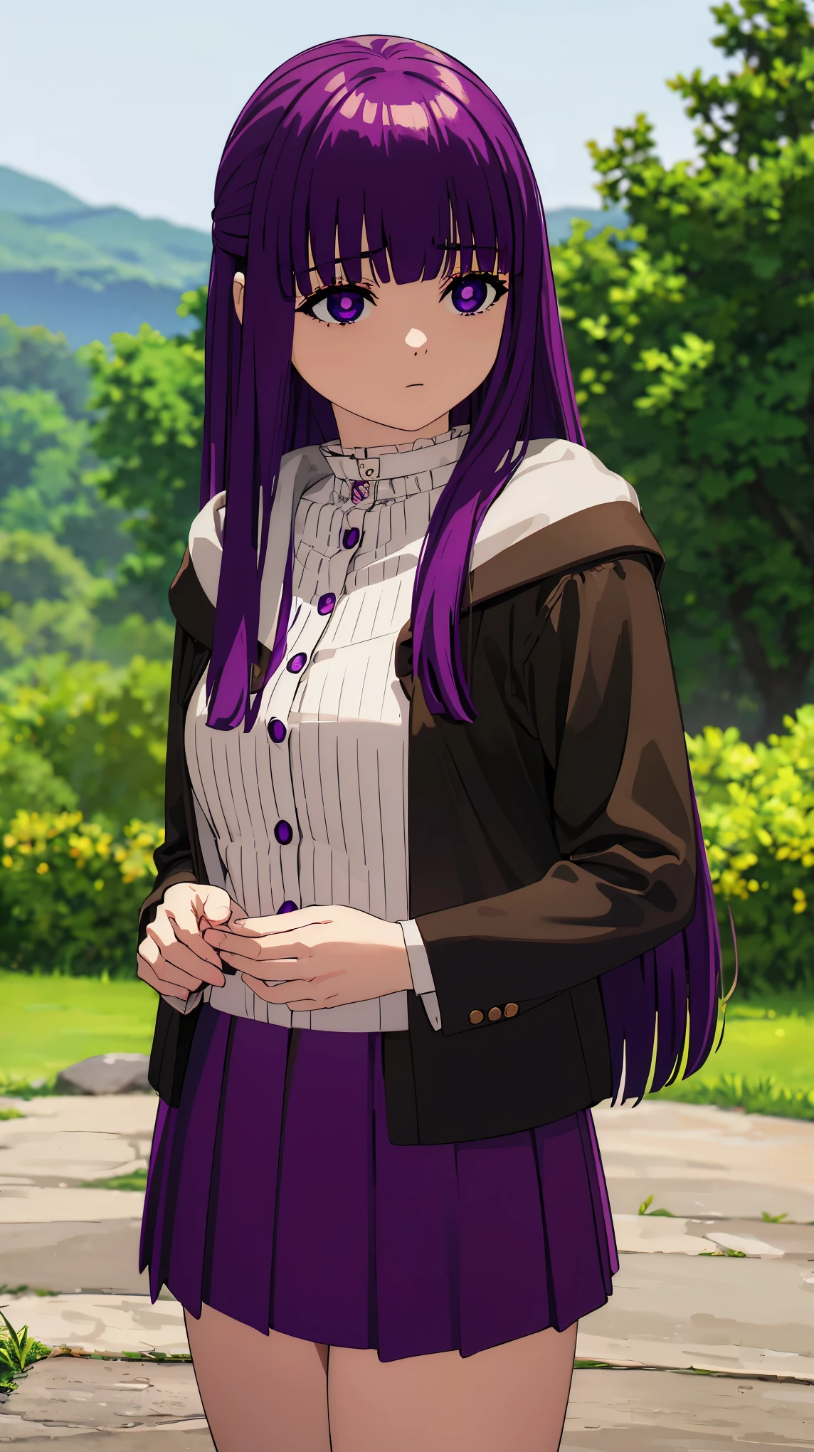 fern, long hair, bangs, (purple eyes:1.1), purple hair, mini skirt, thigh, outdoor, looking at viewer, cowboy shot, (masterpiece:1.2), best quality, high resolution, unity 8k wallpaper, (illustration:0.8), (beautiful detailed eyes:1.6), extremely detailed face, perfect lighting, extremely detailed CG, (perfect anatomy), Hands behind the body.