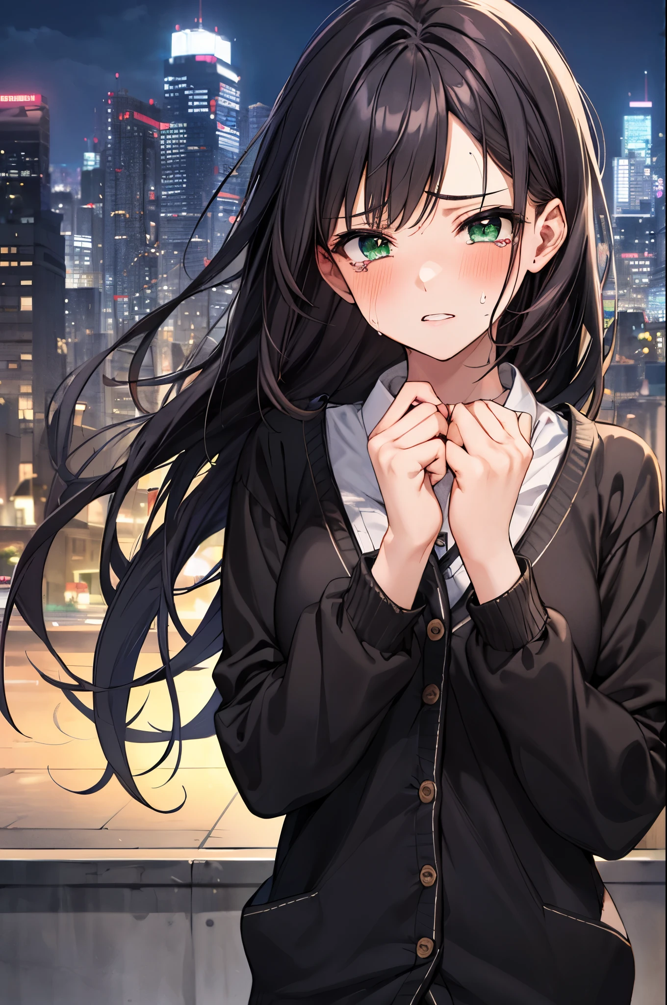 1 girl, mature woman, green eyes、Navy Cardigan, bow, highest quality, hire, detailed face,cityscape at night, detailed background, Depth of written boundary, Bokeh,black long hair、walk together,groan of pain、Feel pain、tears flow、it hurts、cry in pain、i am scared and crying、covered in tears to relieve the pain、groan of pain、