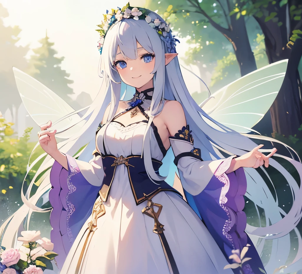 young girl, long white hair, blue eyes, forest fairy, flower fairy, Masterpiece, highquality, high detail, HD, 4k. Facing front, looking at viewer, smiling. Goddess like long dress. With wings, fairy. Flower crown. Looking at viewer, standing straight. Anime. White background