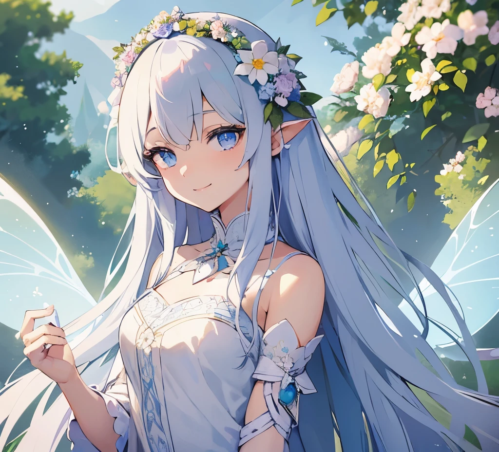 young girl, long white hair, blue eyes, forest fairy, flower fairy, Masterpiece, highquality, high detail, HD, 4k. Facing front, looking at viewer, smiling. Goddess like long dress. With wings, fairy. Flower crown. Looking at viewer, standing straight. Anime. White background. Soft colour dress, purple soft colour dress.. fully body