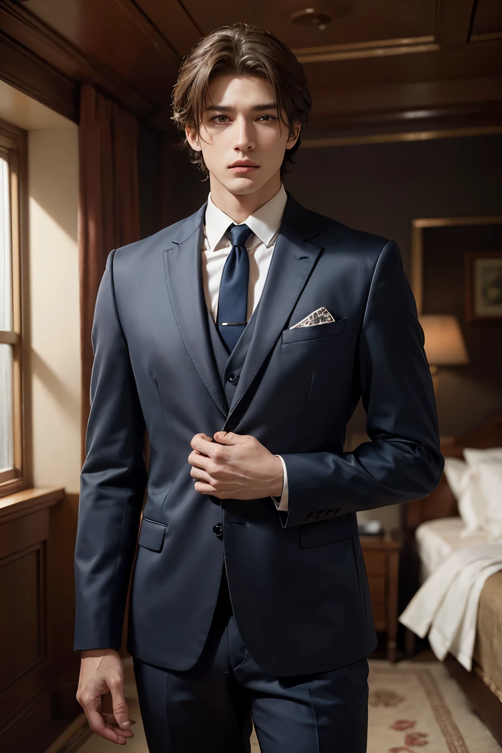 Masterpiece of a photorealistic image in ultra high resolution (4K or higher), showcasing a single male figure in a well-tailored suit, gazing directly at the viewer. The indoor setting is dimly lit, creating an intimate and intriguing atmosphere. Every detail, from the textured fabric of the suit to the pores on the man's flawless skin, is rendered in the highest level of realism. The image is a top-quality, breathtaking representation of human beauty and elegance.