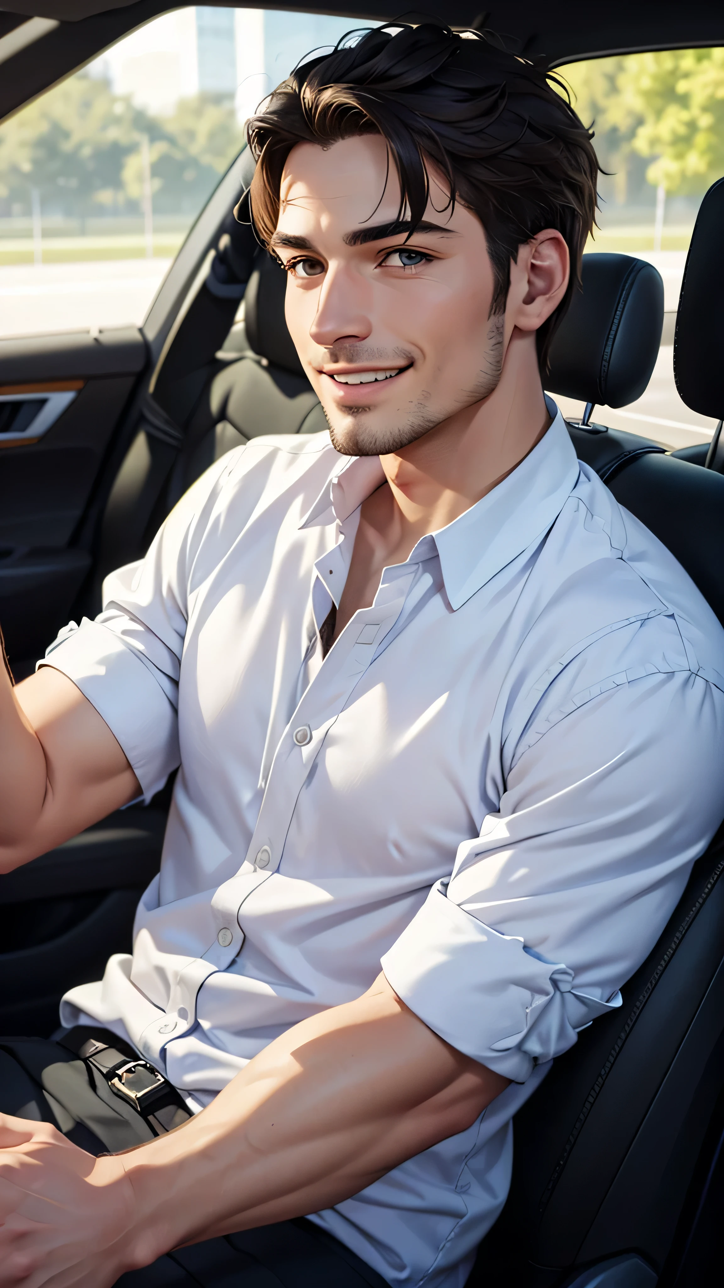 A close up of a smiling masculine guy driving a car
