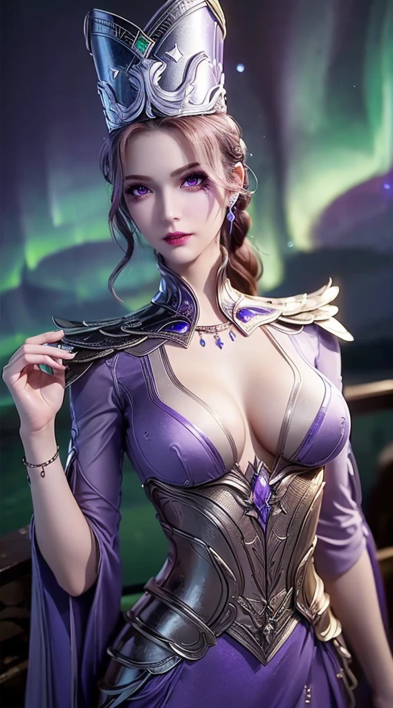 1 sexy goddess wearing sexy purple armor, armor with many intricate and sophisticated patterns, thin armor, deep slit shirt, long and silky purple hair, wearing purple silver spear hat, the most beautiful and detailed hair jewelry, beautiful little face thin eyebrows, the most beautiful and spotless face, ((black iris:0.8)), the very beautiful eyes, big round eyes, ((dark purple color eyes:1.1)), fine and detailed makeup eyelashes, high nose, wearing earrings, small red lips, rosy face, clean face, beautiful face without blemish, smooth white skin, ((big breasts: 0.9)), Blums , ((big and super round breasts:0.9)), ((super tight breasts:1.2)), ((breast augmentation: 0.8)), beautiful breasts, slim and  body, ((thin waist: 0.9)), upper body of a beautiful girl, Hot and sexy  body, sexy girl, skirt, 8k photo, super high quality, super realistic, 10x super pixels, photo realistic, dark studio, border light, two tone light, (detailed skin high: 1.2), 8k uhd, dslr, soft light, high quality, volumetric light, candid, Photo, high resolution, light, best photo, 4k quality, 8k, Bokeh, Smooth and sharp, pixel up 10 times, (background space: 1.8), (galaxy: 1.7), aurora, lightning, super graphics, the most realistic graphics,(Aurora Background: 1.8), alone, solo, portrait 9:16, Extremely sharp, super realistic images,