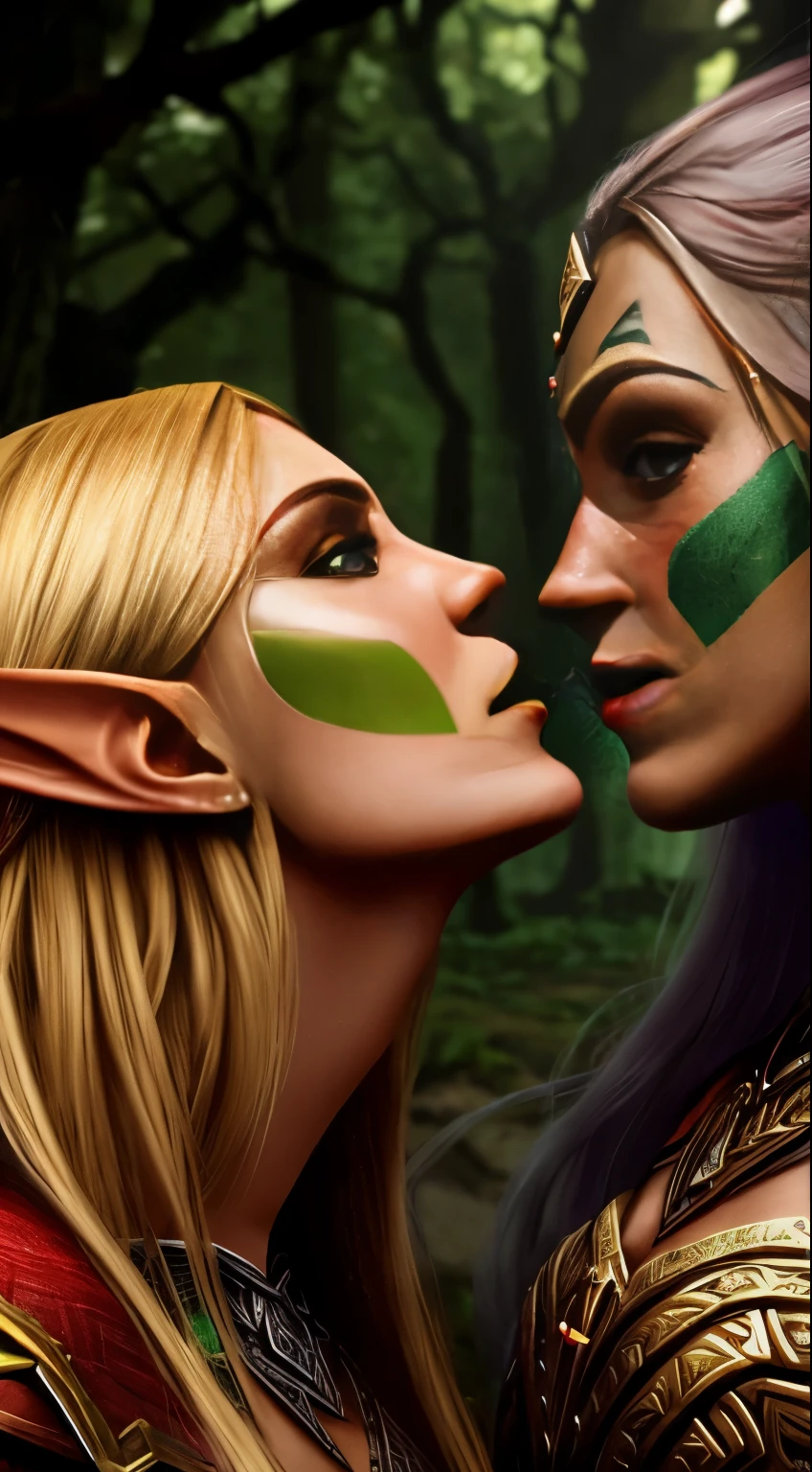 a beautiful female elf warrior and a beautiful female orc warrior, face to face, they are caressing each other, 8k, ultra realistic, extremely detailed