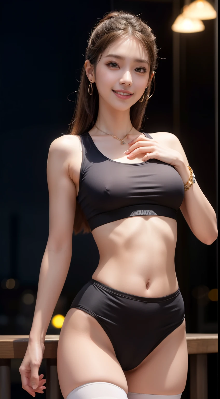 8K, table top, RAW photo, highest quality, realistic, Highly detailed CG Unity 8K wallpaper, Depth of bounds written, cinematic light, Lens flare, ray tracing, (very beautiful face, beautiful lips, beautiful eyes), face with intricate details, ((super dense skin)) 1 girl, in the dark, deep shadow, cute korean girl, K-POP idol, 1 girl, (very slim and slender fit muscular body:1.3), ((looking at the viewer)),(big smile:1.3), (midnight, dark night, (neon sign), (blurred background), dim light), (no people in the background:1.3), beautiful earrings, bracelet, necklace, T-shirt on upper body, clear eyes, walk , front shot, (white skin), (Big eyes), look forward, (full body shot), (brown hair), open the navel, (looking at the viewer:1.3), very slim, medium breasts, (camel toe), thick thighs, turn back, (In bloomers), ((tight thin fabric bloomers)), (Gym clothes), ((backtracking, buckshot)), shapely butt, exposed buttocks, upper shot