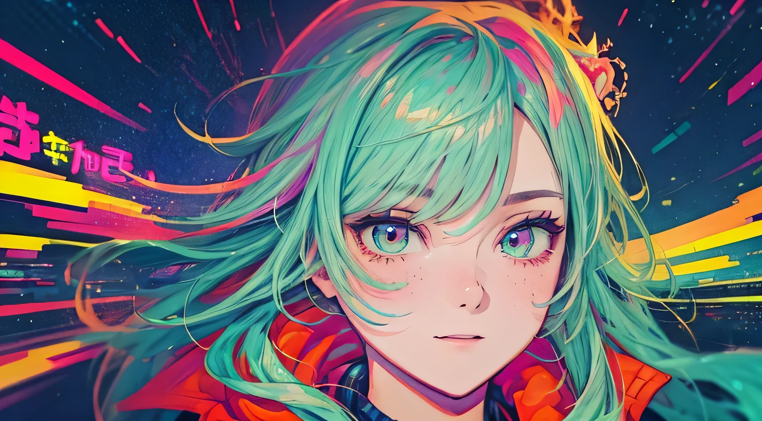 best quality, 4K wallpaper, masterpiece, extremely detailed CG unity 8k wallpaper, extremely detailed eyes, ultra-detailed, intricate details, face close up 1 happy smile shy girl in center, retro art style, neon pop abstract art style, public, highway road, lake, mountain, car
