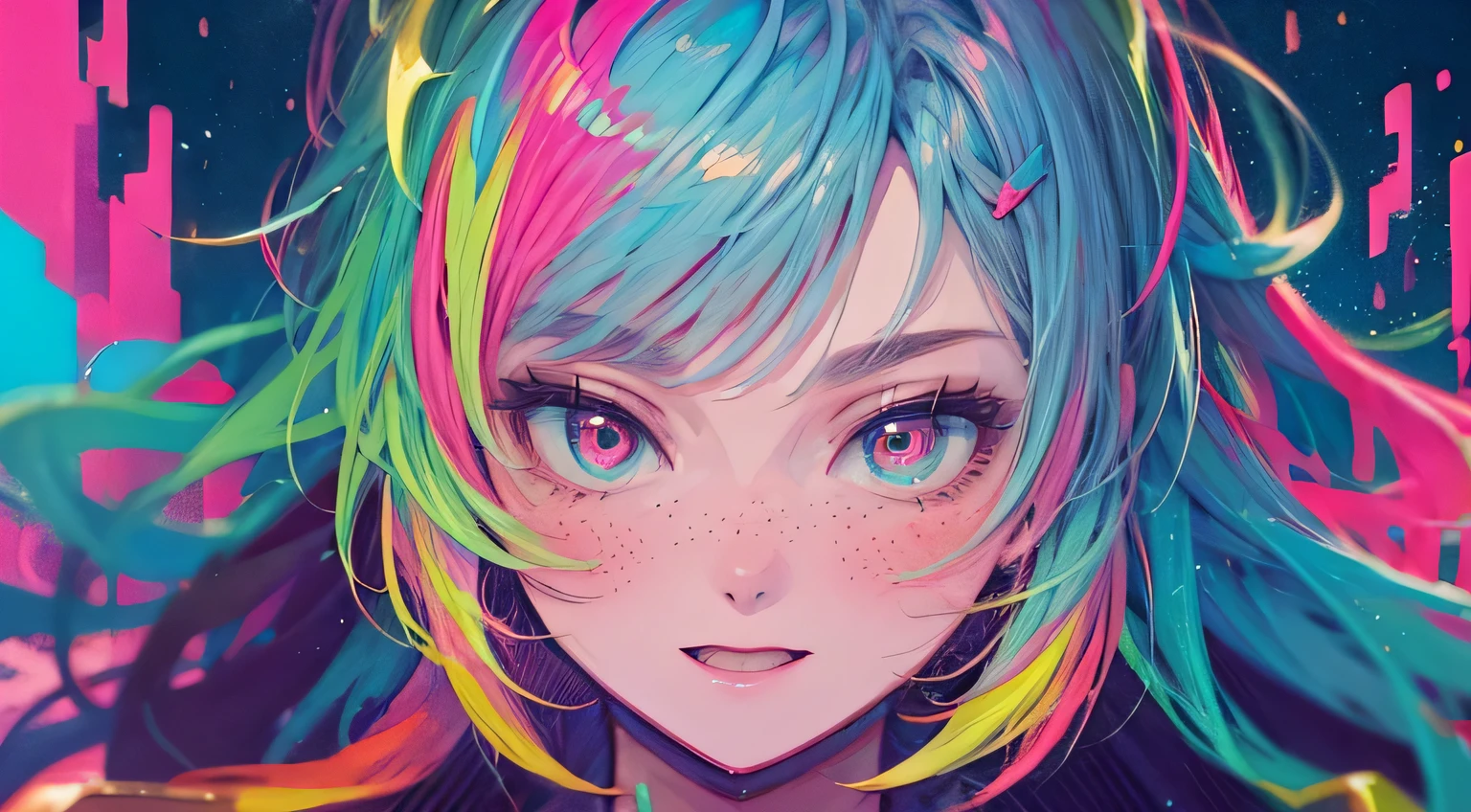 best quality, 4K wallpaper, masterpiece, extremely detailed CG unity 8k wallpaper, extremely detailed eyes, ultra-detailed, intricate details, face close up 1 happy smile shy girl in center, retro art style, neon pop abstract art style, public,