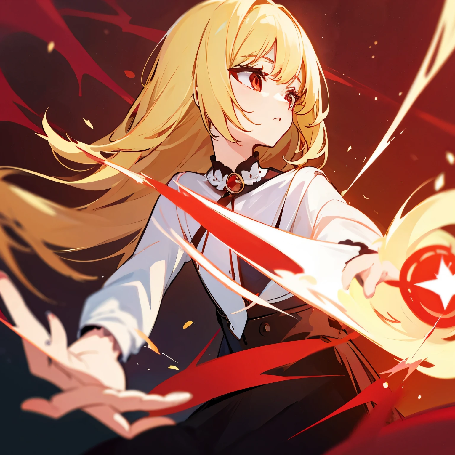 A blonde haired, red eyed woman casts a spell.