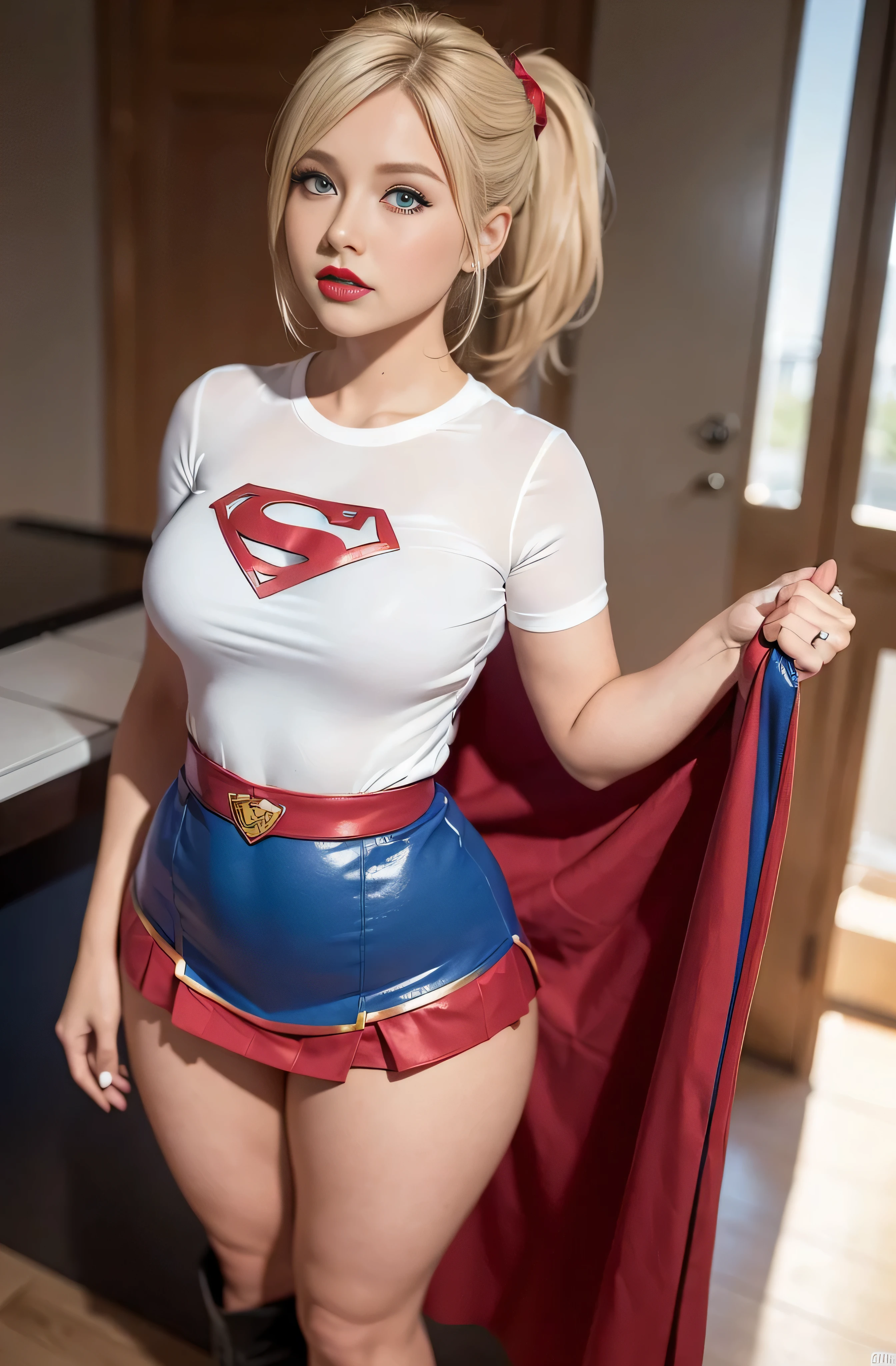 4k, realistic, charismatic, very detailed, there is a girl in the sky, dressed in a super girl costume, she is a super girl, superhero theme, blonde large hair, ponytail, 20 years, full body, (detail in the eyes), (detail in the face), incredibly beautiful, blue eyes, blush, makeup, ((red lipstick)), ((miniskirt)), (wide hips),  (thick thighs), small breasts, dress,, seductive pose, (extreme hourglass figure), thin, svelte, white skirt, boots, ((tight t-shirt))