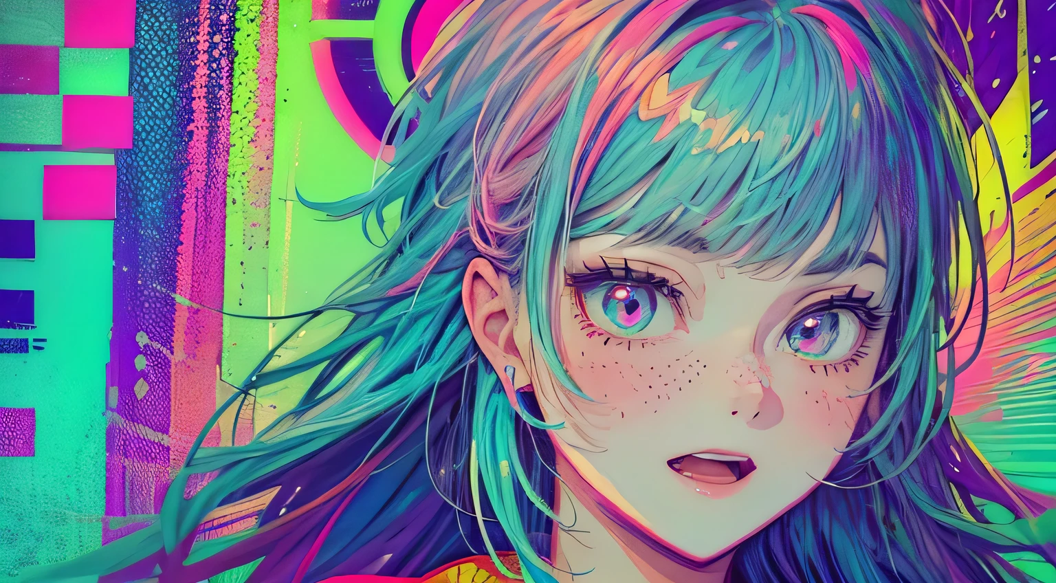 best quality, 4K wallpaper, masterpiece, extremely detailed CG unity 8k wallpaper, extremely detailed eyes, ultra-detailed, intricate details, face close up 1 happy smile shy girl in center, retro art style, neon pop abstract art style, public,  city