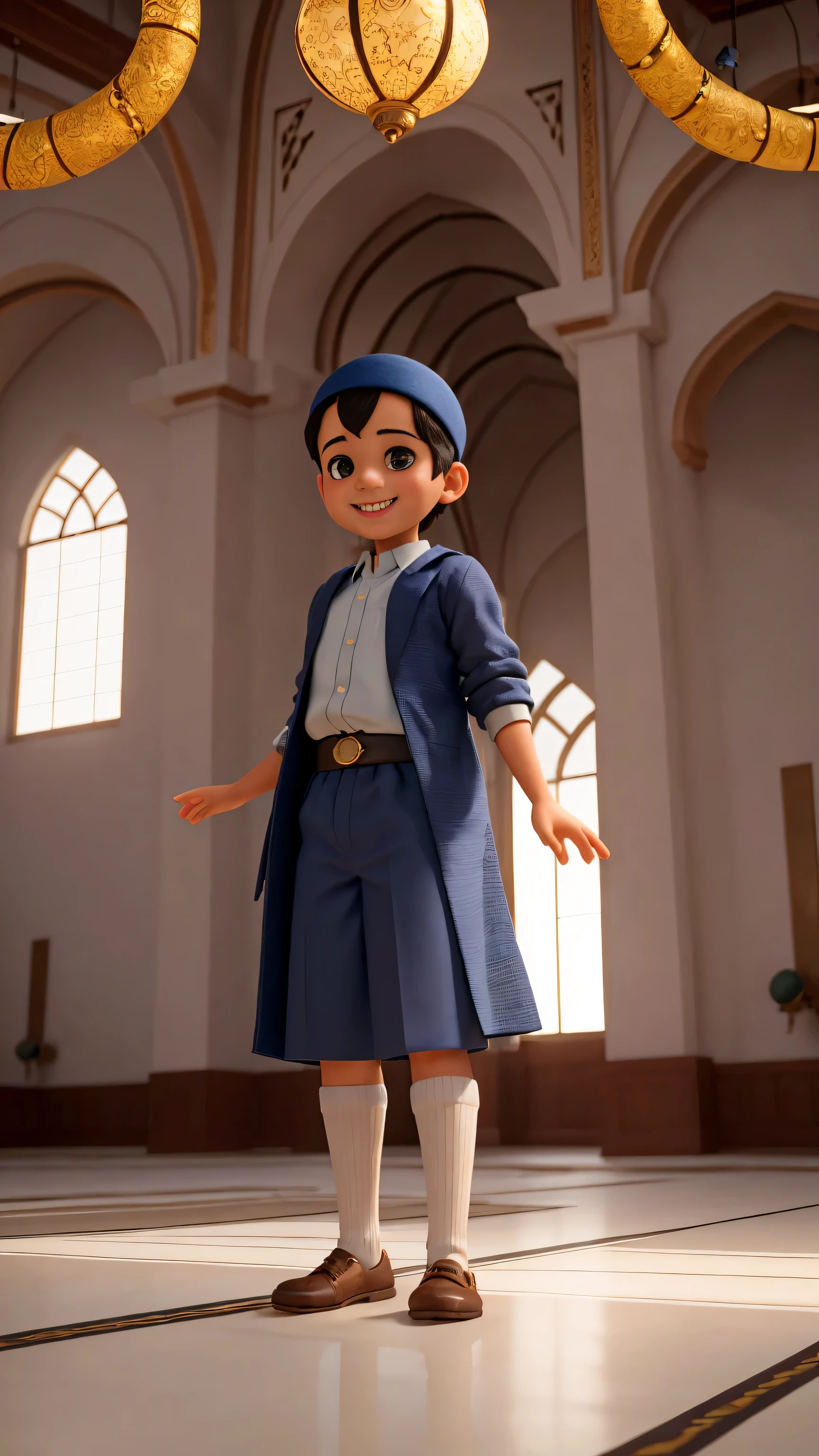 boy, inside mosque, light smile, Surrealism, atmospheric perspective, 8k, super detail, ccurate, best quality, masterpiece, 16k, 8k, 4K, highres, best quality, award winning, high quality, high details, textured skin, anatomically correct, ccurate, masterpiece, muslim boys in mosque