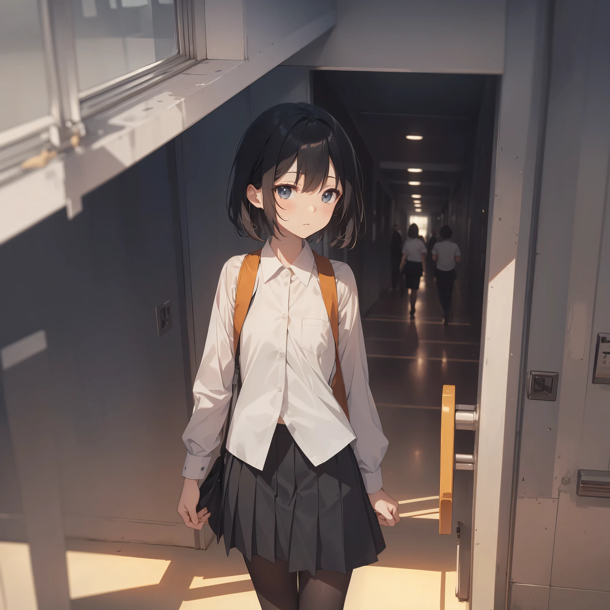 Super high quality by the art god, super detailed, High resolution, anime moe art style, best anime 8K konachan wallpaper, pixiv contest winner, perfect anatomy, break,(眠そうにalone学校へ行く女の子を描いてください. )break, 1 girl, (alone,little woman, lolita, , :1.3),All limbs, full finger,, The charm of an immature body, (very short hair), flat chest, small ass, between legs, Small black eyes, beautiful and fine eyes, Well-proportioned iris and pupils, expressive eyes, High resolutionの詳細な髪, skirt, collared shirt, neck ribbon, pleated skirt, school uniform, shirt, white shirt, (detailed lighting), (detailed background), On the way to school. break,super dense skin, Best lighting by famous artists, 8K, figure,UHD, rough skin