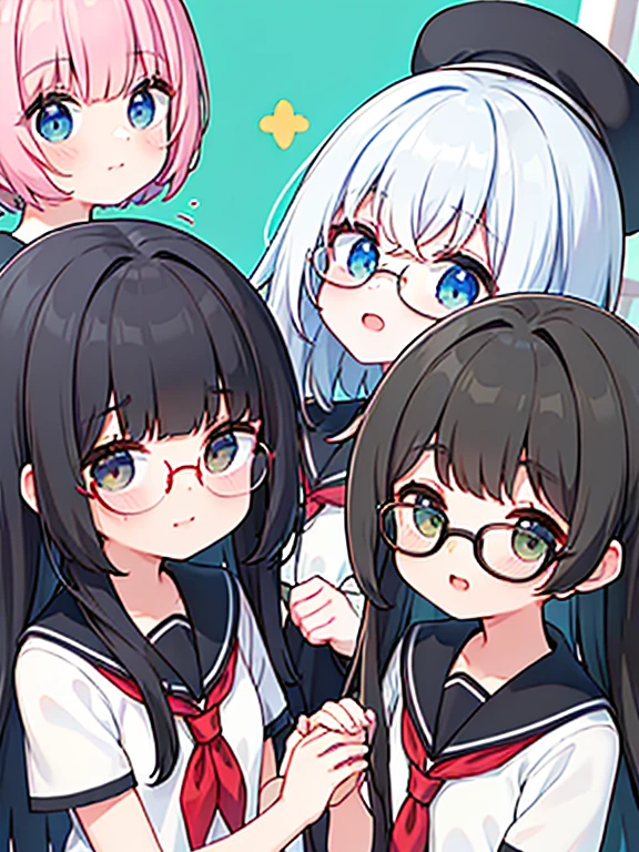 Super detailed, best quality, High resolution, moe-anime, ((((3 s with black hair and round glasses are loving each other.)))), (baby face), Tareme:1.2, dark blue eyes, cute eyes, detailed eye description, Eye sparkle, Looking at viewer, pale skin, (((petite))), (((face only:1.3))), (bottomless), (Big eyes:1.5), NSFW, focus on the face, ((bust shot)), Bright eyes, on the bed, ((white see-through school uniform)), Nipples are showing through, long hair, open legs, from back