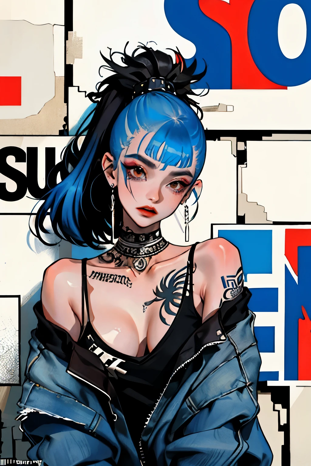 (masterpiece: 1.2, best quality), (real picture, intricate details), (1lady, solo, upper body, big tits) Clothing: sharp, stylish, cool, fashionable, non-standard, avant-garde, experimental Appearance: shaved head or bold hair color, spectacular makeup, unconventional fashion choices, tattoos on the arms Behavior: rebellious, non-conformist, provocative Venue: Urban Art District, Underground Music Scene Hobbies: attending punk shows, creating art in mixed media, experimenting with different subcultures Values: individuality, authenticity, creative expression Sources of inspiration: punk rock, counterculture icons, avant-garde art movements Character traits: bold, daring, non-standard.