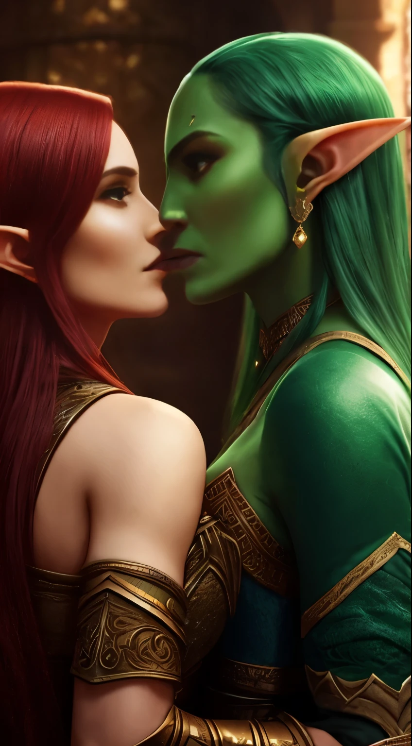 a beautiful female elf warrior and a beautiful female orc warrior, face to face, they are caressing each other, 8k, ultra realistic, extremely detailed