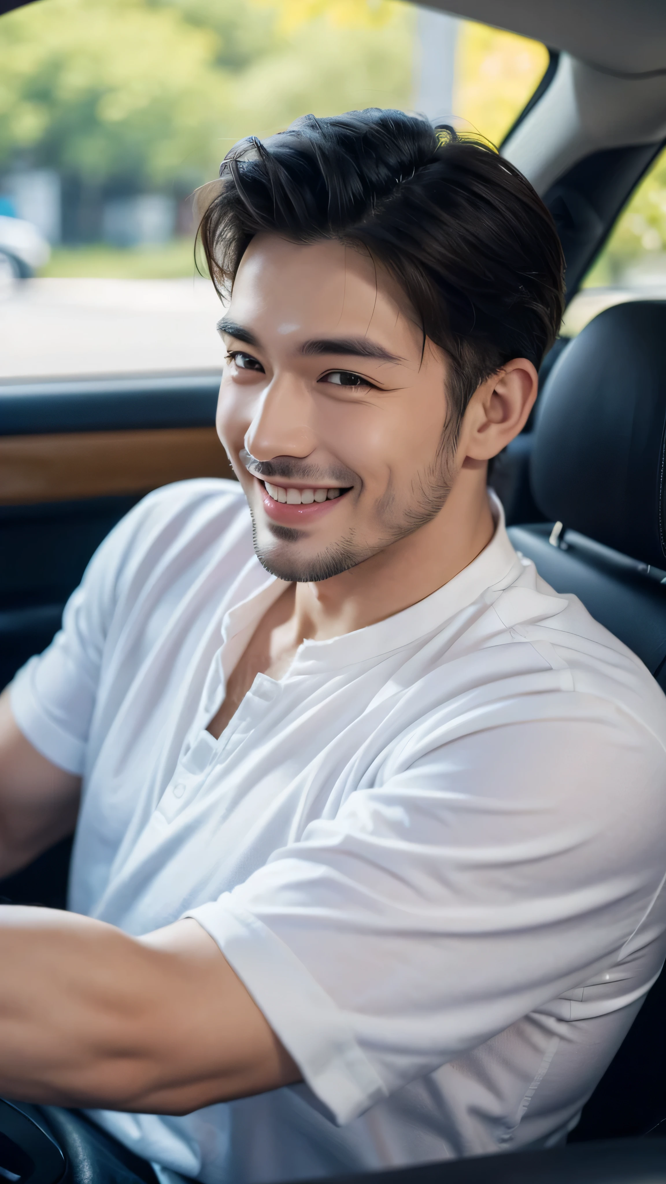 A close up of a smiling masculine guy driving a car