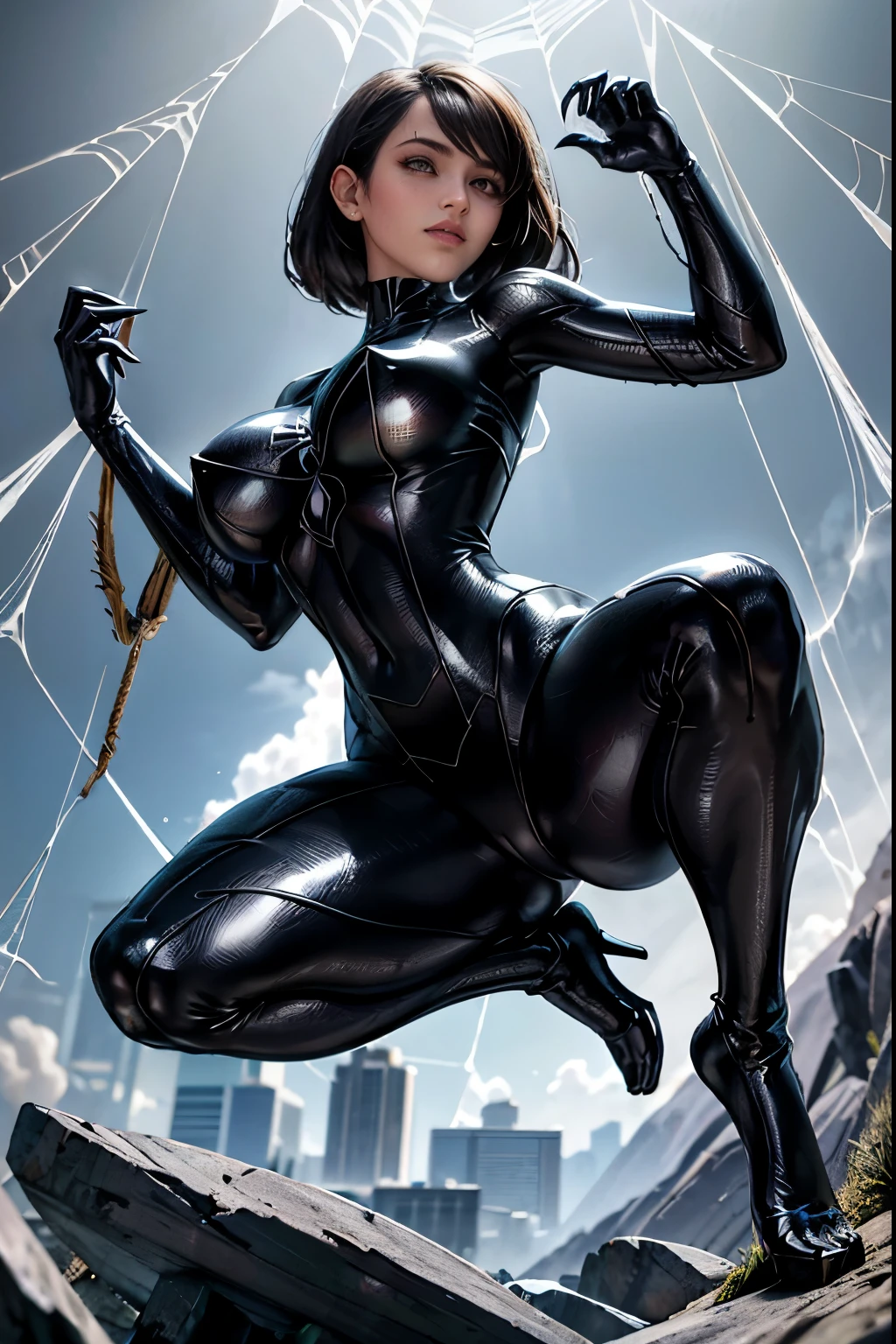 Obra-prima, 8k, realista, good ilumination, terno preto do homem aranha venom com aranha branca no peito, loira))), cabelo comprido, sem corte, rosto bonito, chuva, telhado, obra-prima, detalhes trincados, anatomia perfeita, (((Swinging in the web)))(camel-toe, Vulvar shape:1.2),Full body tights