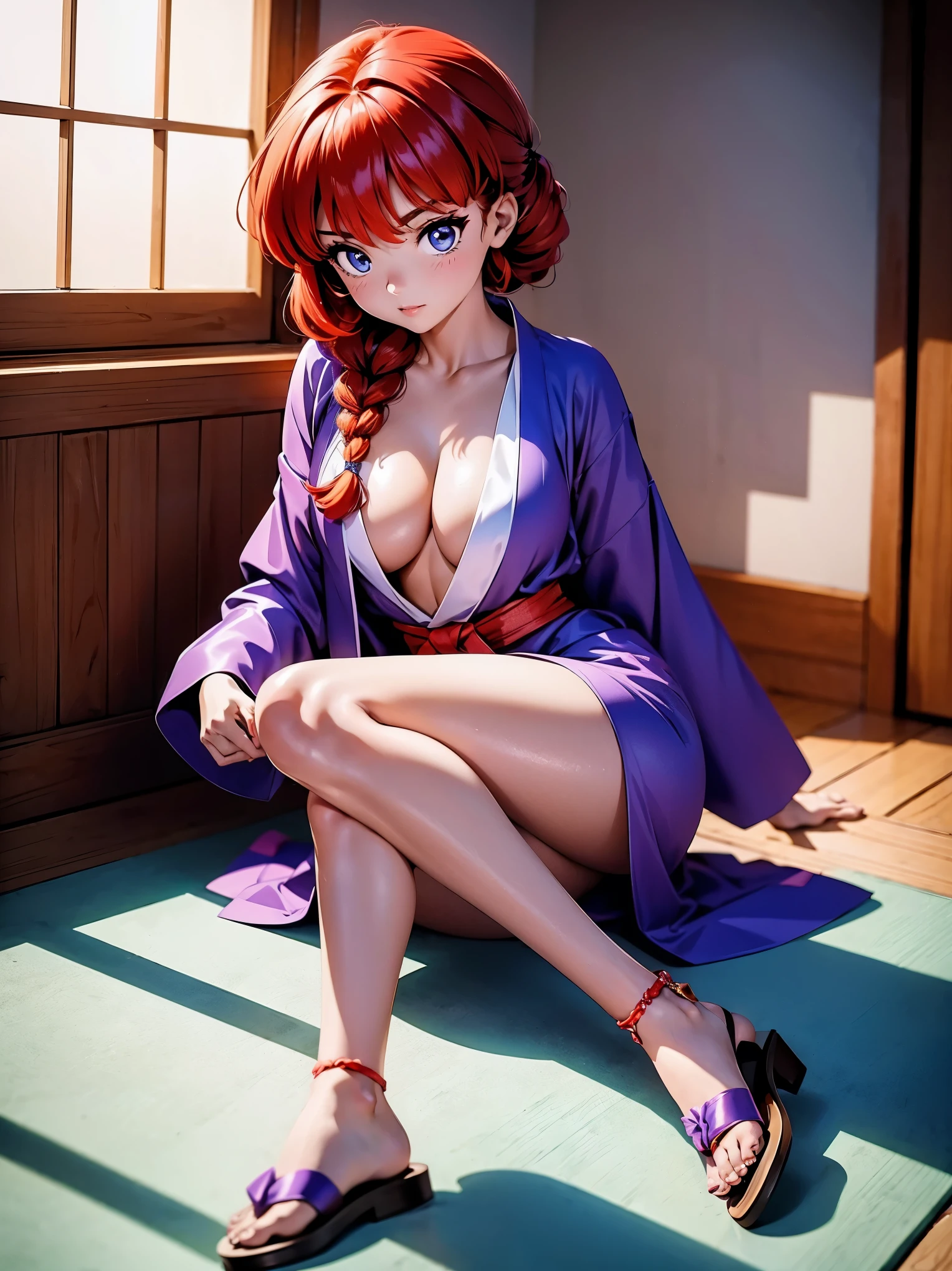 Garota anime ruiva com kimono justo colado ao corpo, kimono purple florado muito lindo e sexy, , agachada, sentada com pernas cruzadas, corpo bonito, seios grandes, with your hands behind your head, running your hands through your hair, garota sexy, red hair with braid, gorgeous lighting, sombras suaves, olhos azuis, pernas bonitas, hair with braid, estilo anime, Ranma Chan, Autora Rumiko Takahashi, Baseado em obra de Rumiko Takahashi, Anime Ranma 1/ 2, decote sexy, quadril robusto, corpo inteiro, corpo completo, busto grande, garota jovem com corpo belo e bonito, sandals on the feet, garota 16 anosbaixa estatura, vestindo kimono justo purple florado lindo e sexy, garota anime, estilo anime, beautiful feet in sandals, sitting on the floor, viewing angle 45°