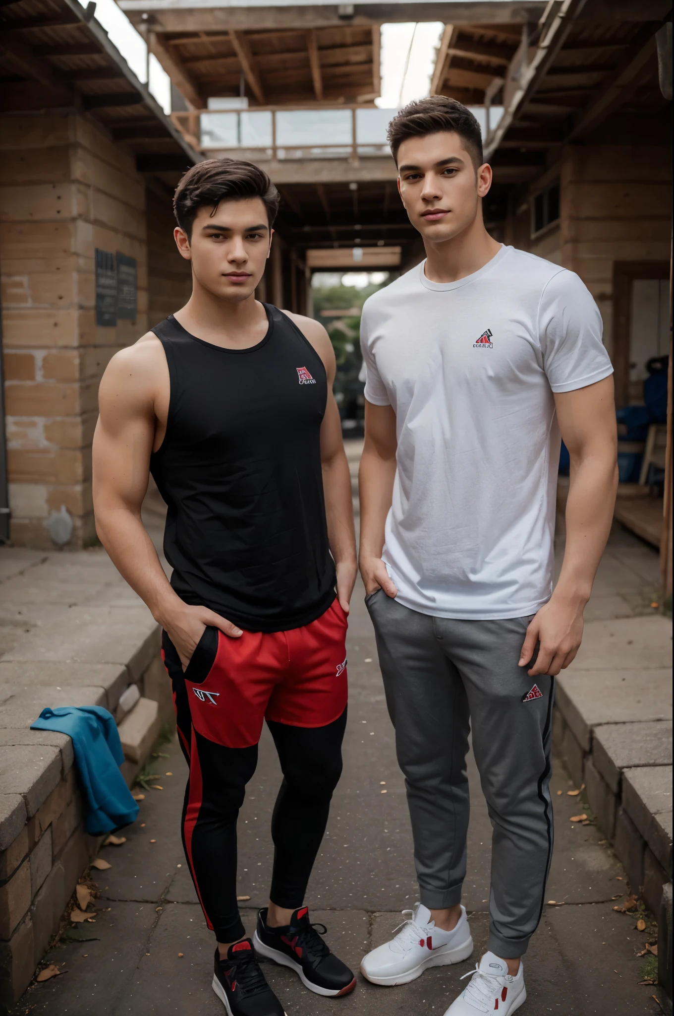 Couple of white men of Colombian appearance with a slim and defined body with marked pecs, marked abdomen, large legs, a large bulge and sweaty skin wearing cream and dark blue shorts posing in the walled city of Cartagena Colombia with evening light