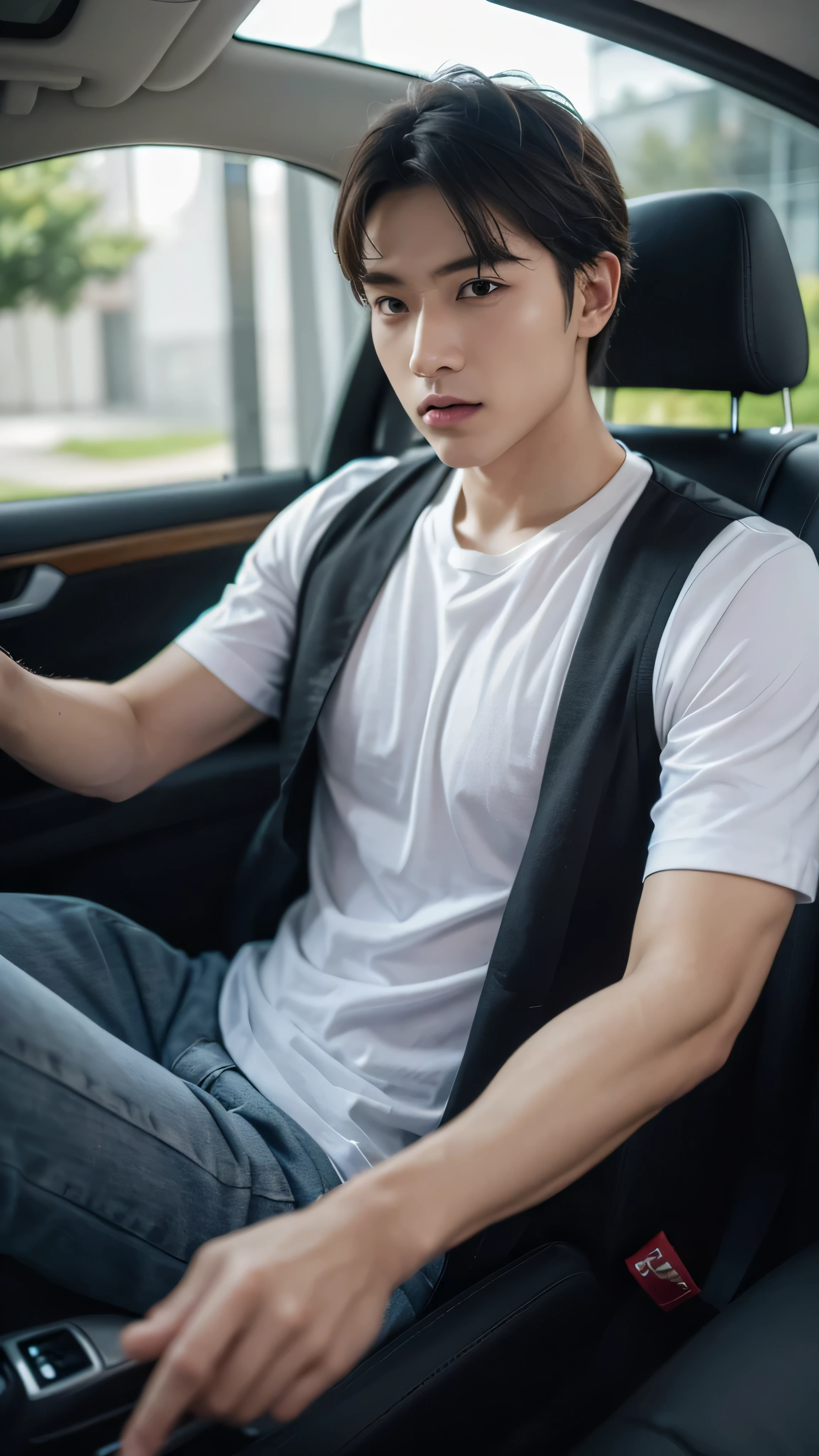 A excited masculine guy driving a car