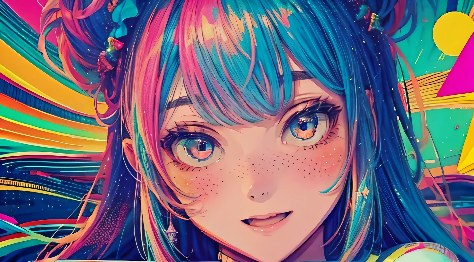 best quality, 4K wallpaper, masterpiece, extremely detailed CG unity 8k wallpaper, extremely detailed eyes, ultra-detailed, intricate details, face close up 1 happy smile shy girl in center, retro art style, neon pop abstract art style, public, highway road, lake, mountain, car