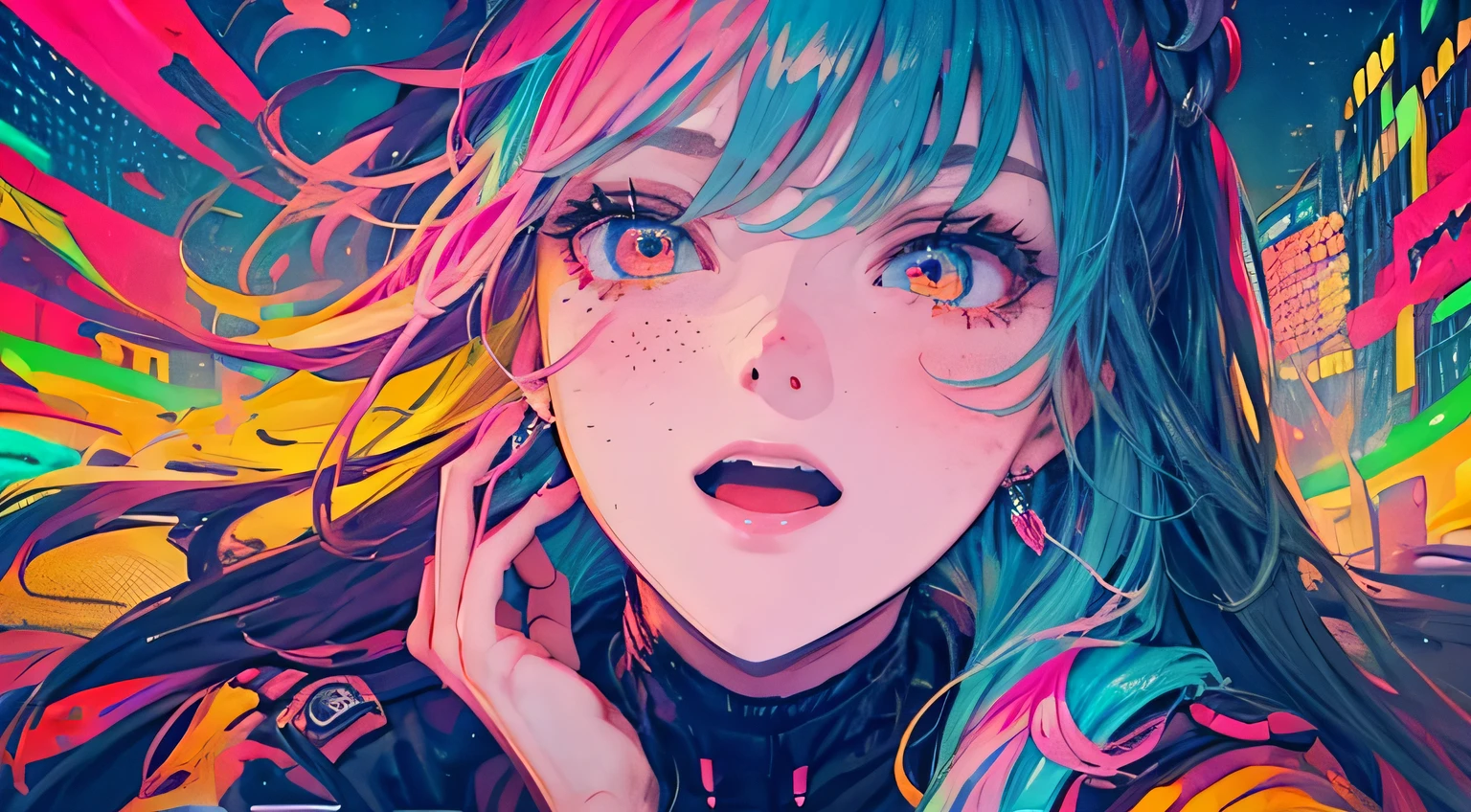 best quality, 4K wallpaper, masterpiece, extremely detailed CG unity 8k wallpaper, extremely detailed eyes, ultra-detailed, intricate details, face close up 1 happy smile shy girl in center, retro art style, neon pop abstract art style, public, highway road, lake, mountain, car