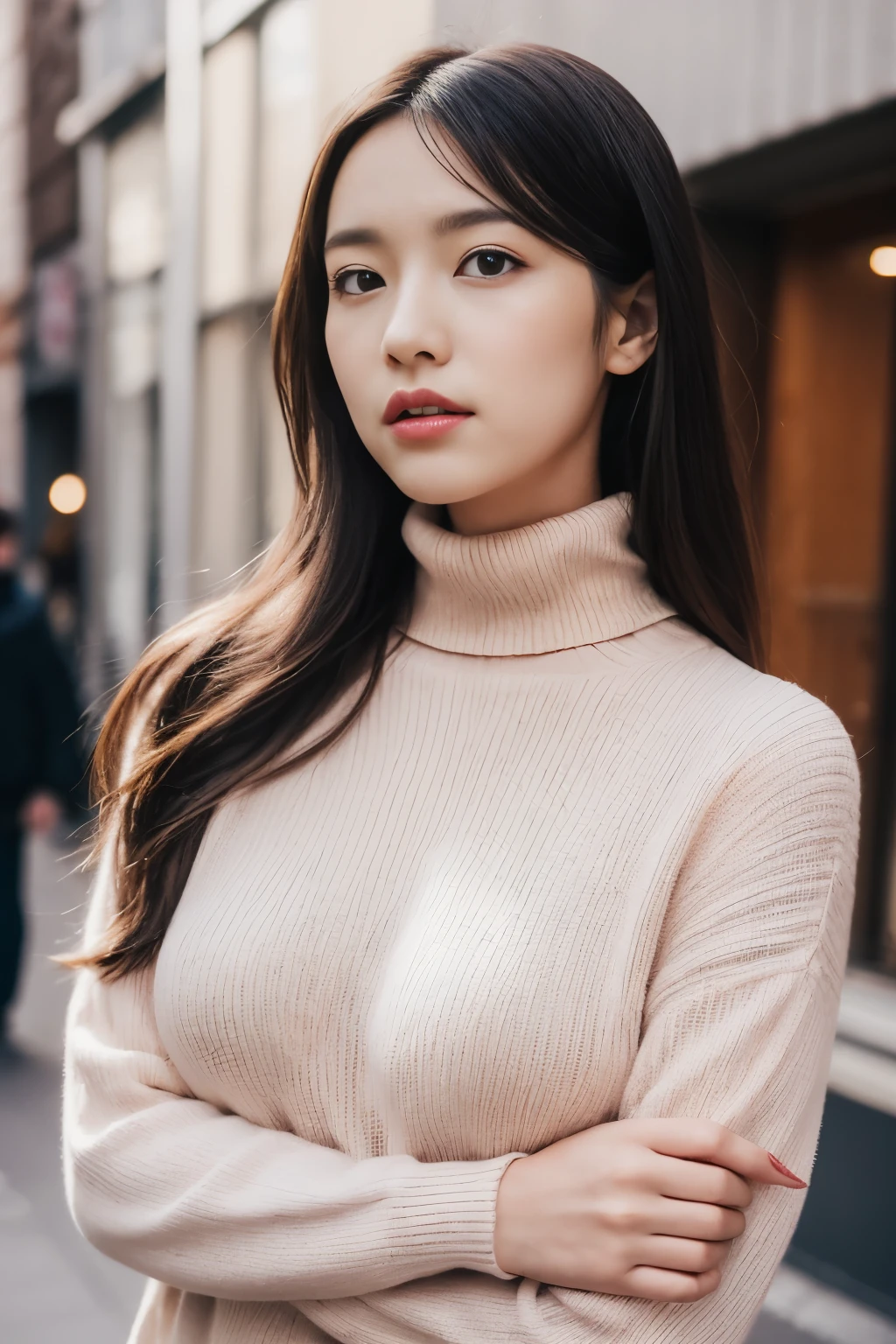 ((Cross your arms in front of your body、The string digs into my chest、street snap))、(bright colored turtleneck、Tight clothes)、cute japanese woman、23 years old、young girl、big breasts、simple background