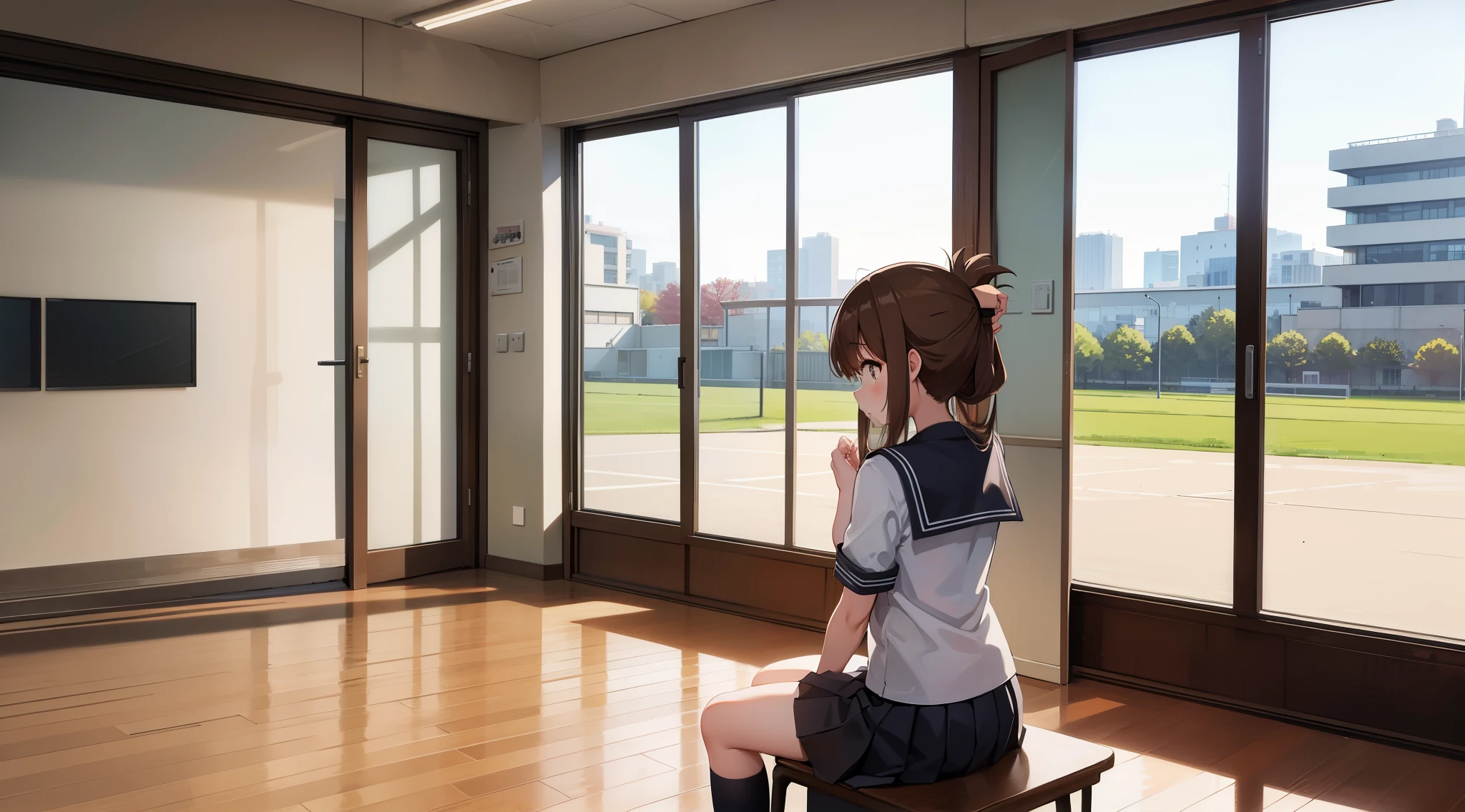 gymnasium with windows,center image,Detailed photos,single building,frontage,modern gymnasium,Architecture concepts,Entire building,Sports facilities,current China,I am sitting on the floor of the School gymnasium and observing classes because I am not feeling well.,(masterpiece, highest quality:1.2),figure,8K,HD,1 girl,alone,Upper body,(portrait:1.2),Brown_hair,folded_ponytail,Brown_eye,serafuku,length_hair,School_uniform,skirt,pleats_skirt,