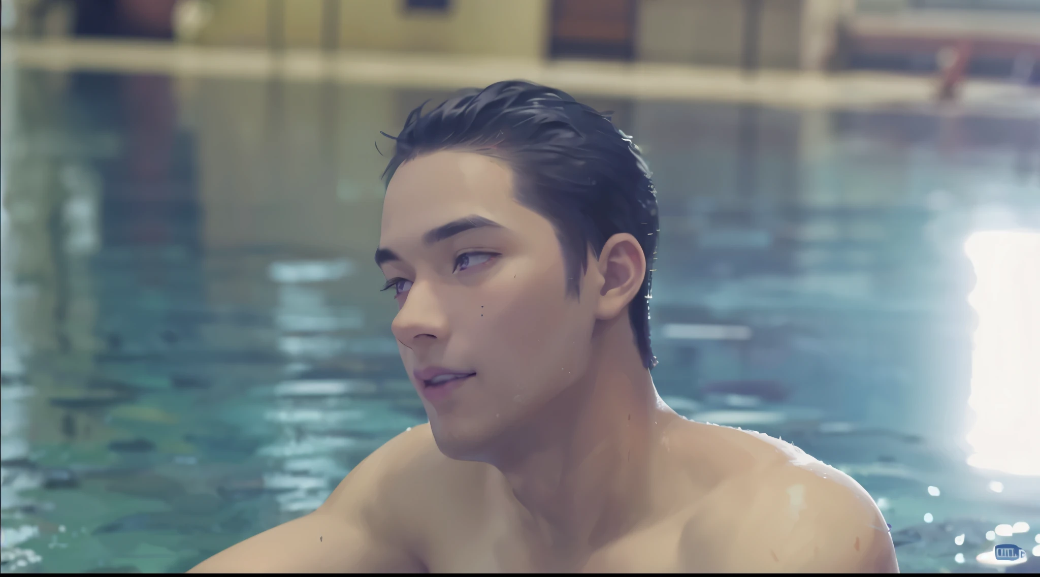 (a shirtless cute and handsome teenage Filipino-chinese 18 years old boy,wearing a briefs styles swimwear,not wearing shorts  or pants,full body, face like thai actor"โฟร์ท ณัฐวรรธน์ ,white skin tone, photorealistic:1.37), (best quality, 4k, masterpiece:1.2), ultra-detailed, realistic:1.37, professional, vivid colors, bokeh, sharp focus, physically-based rendering, slim body, skinny body , natural lighting, standing take a shower in open air bathroom , soft skin, gentle sunlight, warm color palette