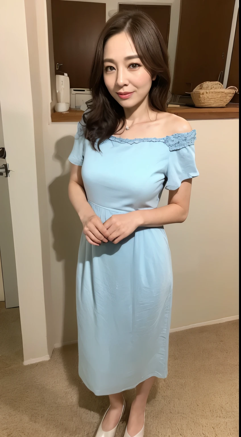 ((midnight, need, 8K, master piece:1.3)), full body esbian, long legs, four colors:1.2, beautiful woman with perfect figure:1.4, ((dark brown hair)), (dress, standing on one's own feet:1.2), ((room)), Highly detailed face and skin texture, detailed eye, double eyelid,beauty,wavy hair, wrinkles around the eyes, to emphasize, ,(1.2),40 years old, wrinkled eyes,