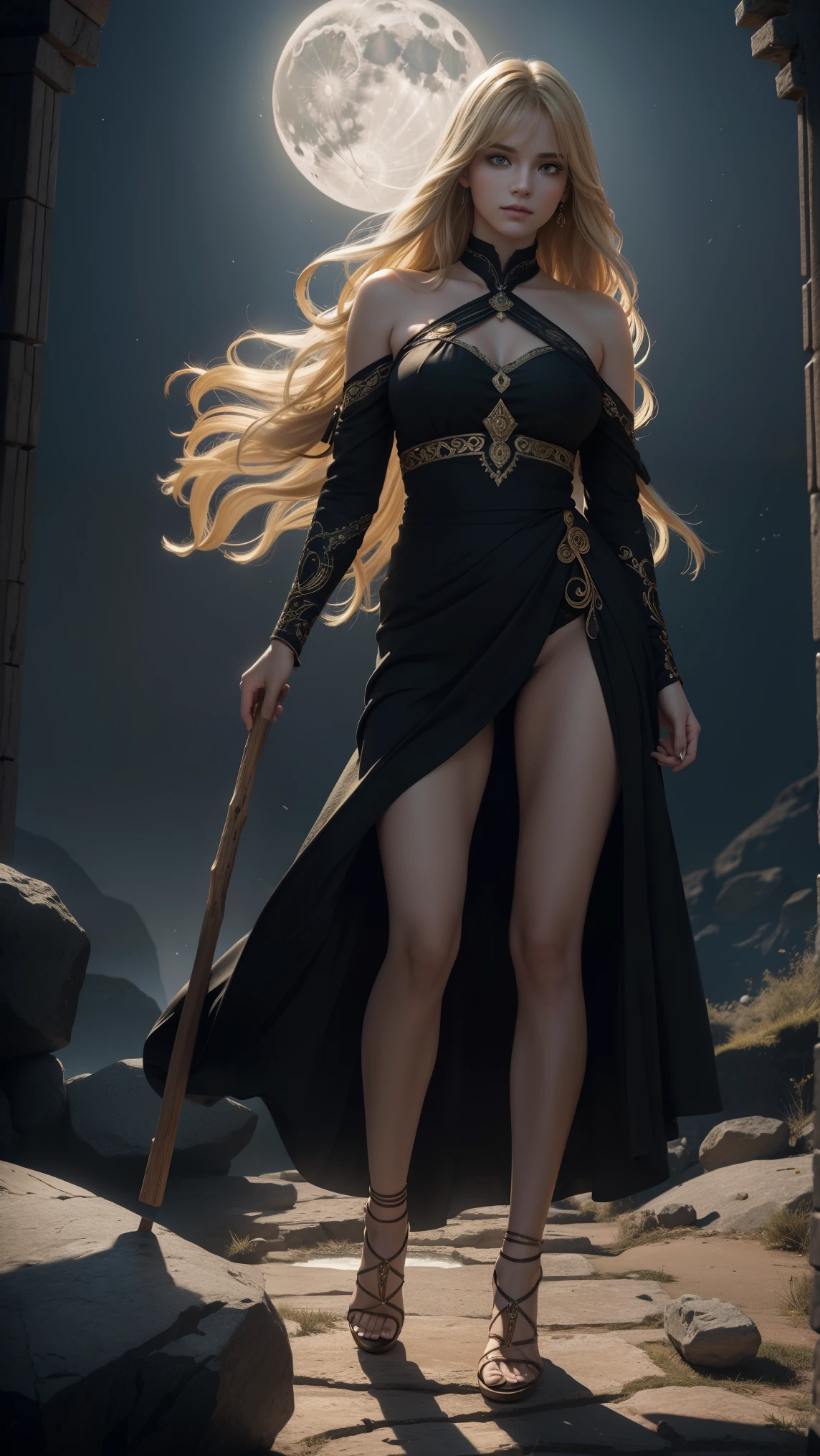 (最high quality:1.2,Super detailed,surreal:1.37), ,(Background where the waning moon is visible),golden ratio, intricate details, beauty of nature, bright colors, soft lighting,((最high quality))(best image quality,8K:1.3,high quality,realistic texture),(Ancient Greek style,beautiful fingers,very quiet music,dark place,soft light,very dark contrast:1.2,Strong backlight,solemn atmosphere:1.2,sharp shadows:1.3),thin body,expensive,Detailed facial information,delicate eye description,closed mouth,length, (Super long intricate wavy hair with bangs,blonde:1.2,very long right parted bangs),(43 years old,adult woman),Beautiful yellow eyes,look far away,Composition to the toes,whole body,(have a very large rock stick),