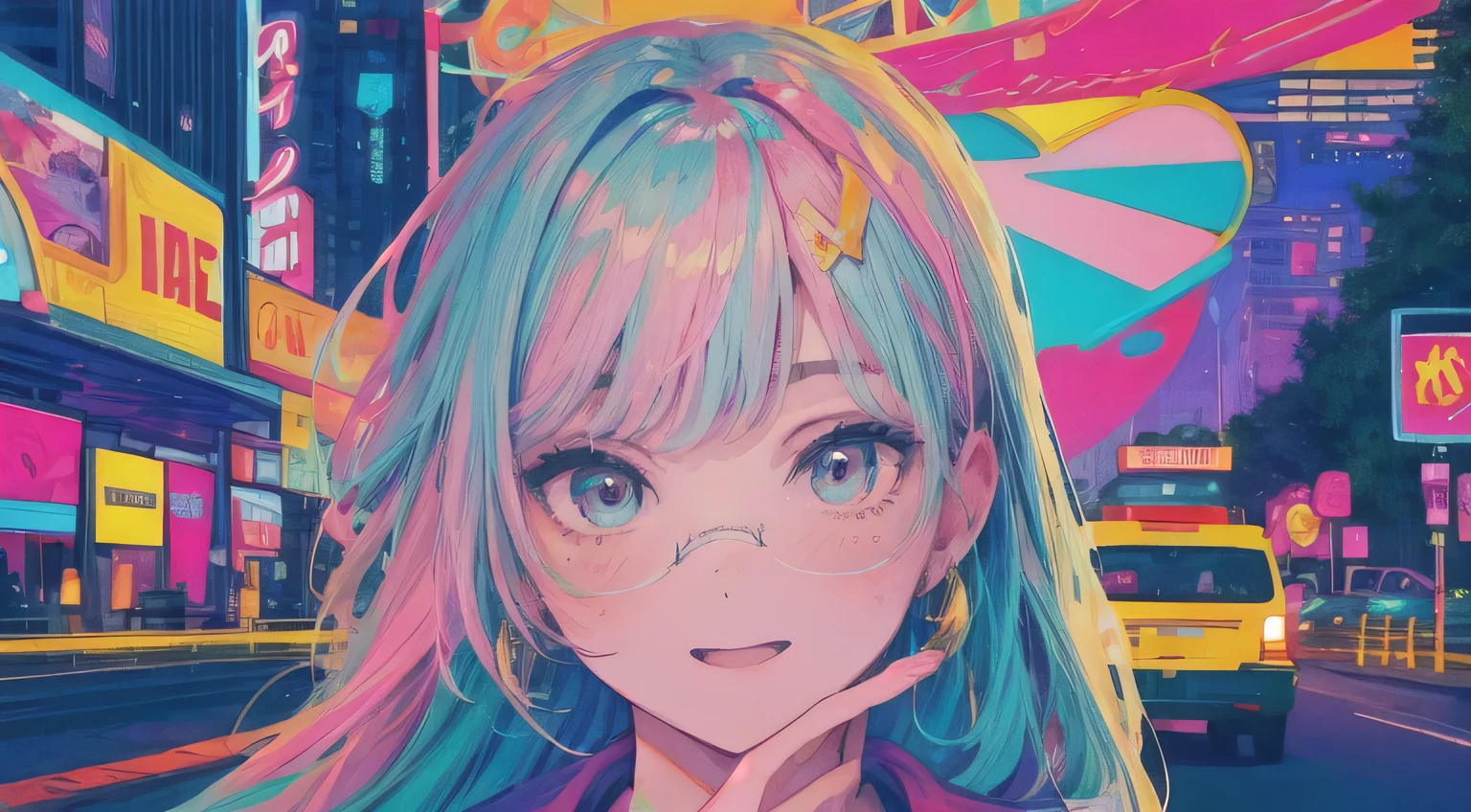 best quality, 4K wallpaper, masterpiece, extremely detailed CG unity 8k wallpaper, extremely detailed eyes, ultra-detailed, intricate details, face close up 1 happy smile shy girl in center, retro art style, neon pop abstract art style, public, highway road, lake, mountain, car