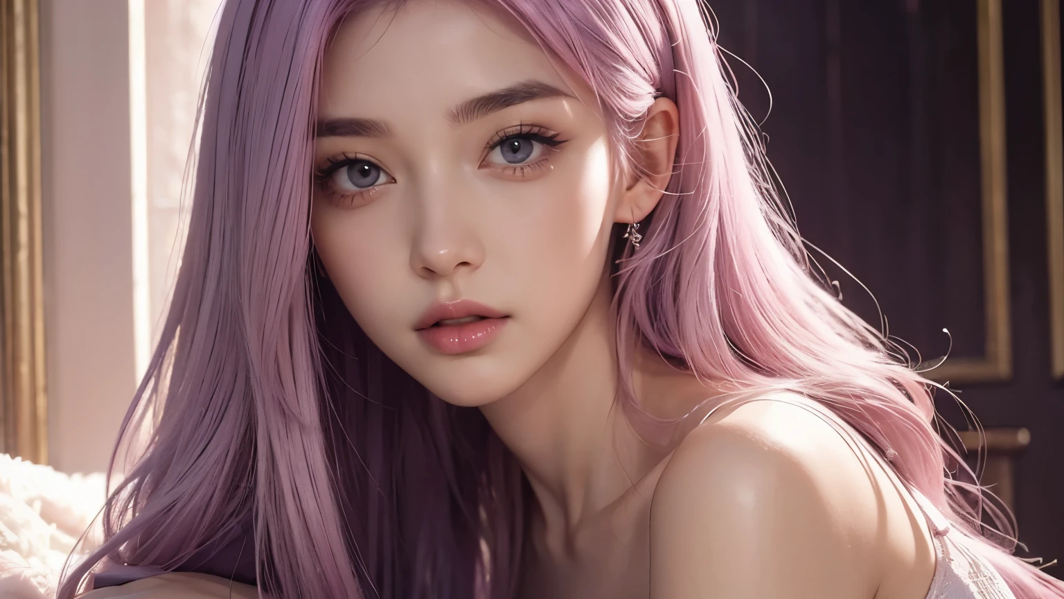 A girl with long light pink soft purple hair, sexy body, good quality, detailed face, beauty detailed face